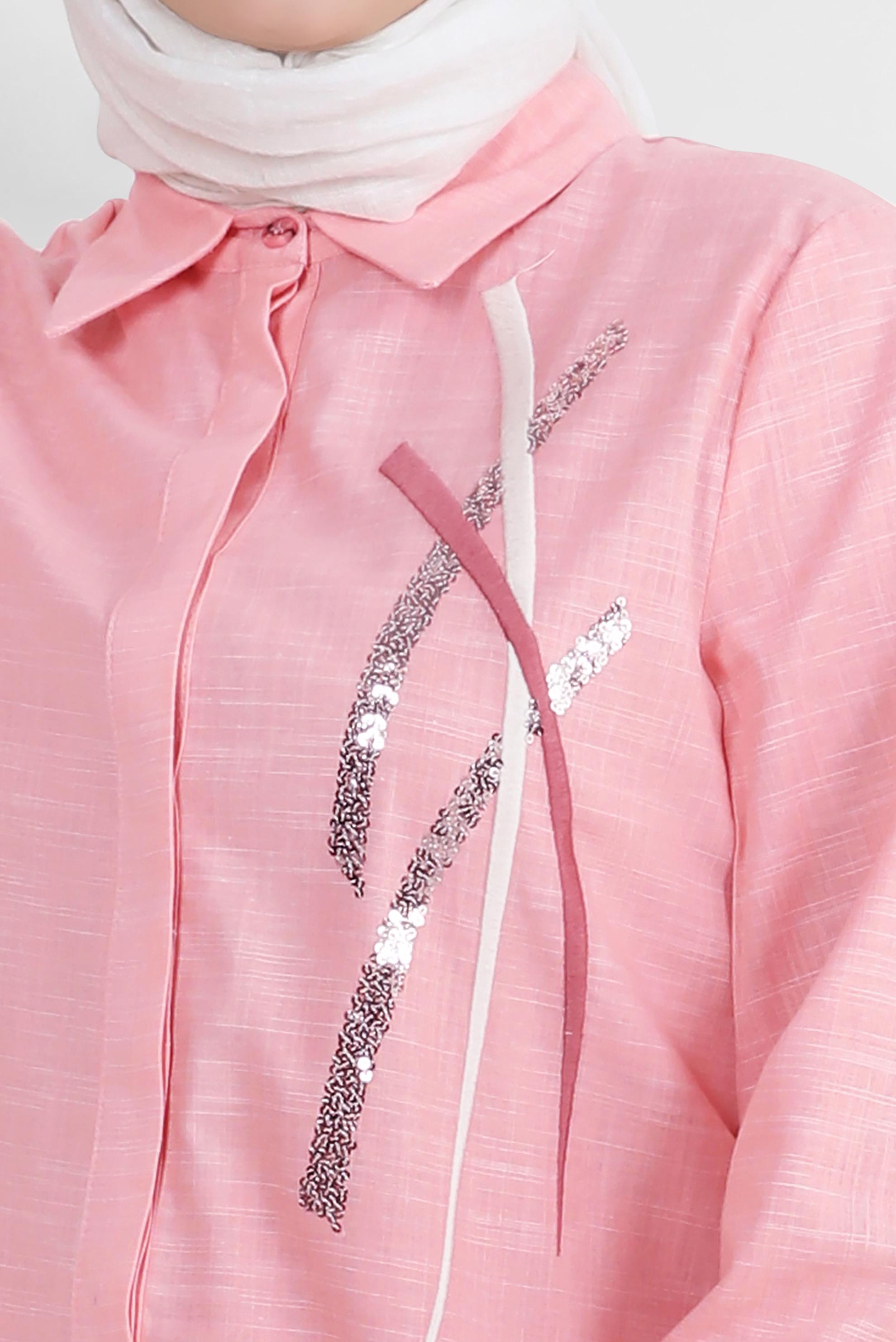 Tesettür giyim PUDRA PUL PAYET DETAYLI GÖMLEK YAKA TUNİK 43925