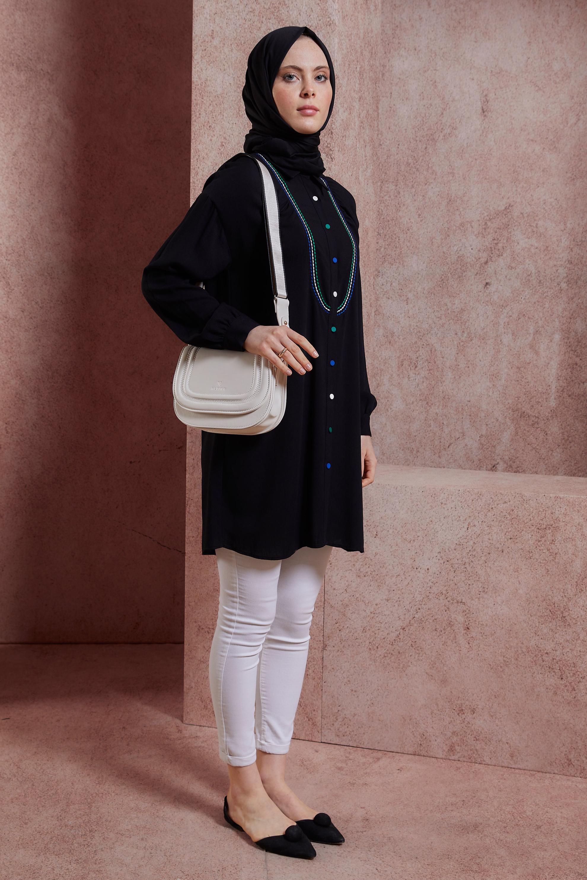 Tesettür giyim SİYAH DİKİŞ DETAYLI TUNİK 43927