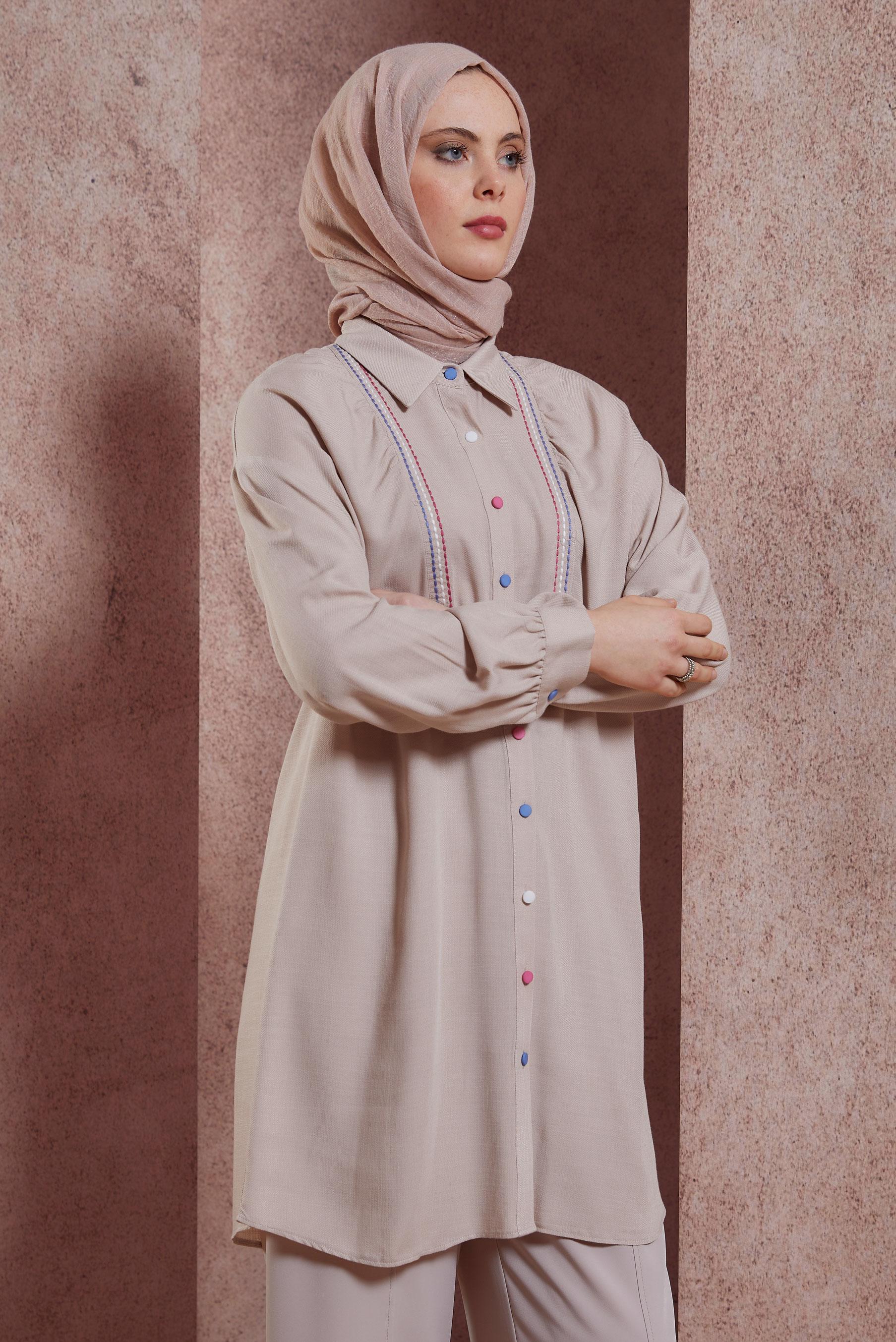 Tesettür giyim BEJ DİKİŞ DETAYLI TUNİK 43927