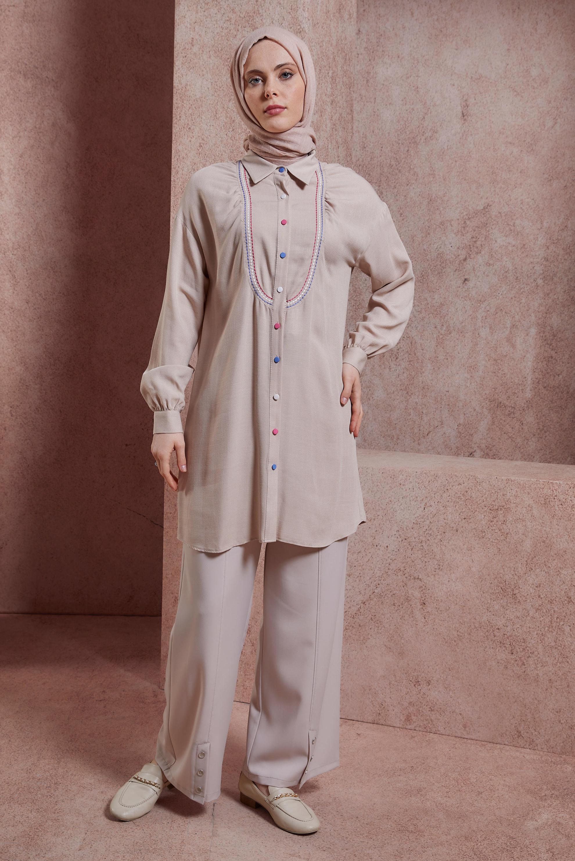 Tesettür giyim BEJ DİKİŞ DETAYLI TUNİK 43927