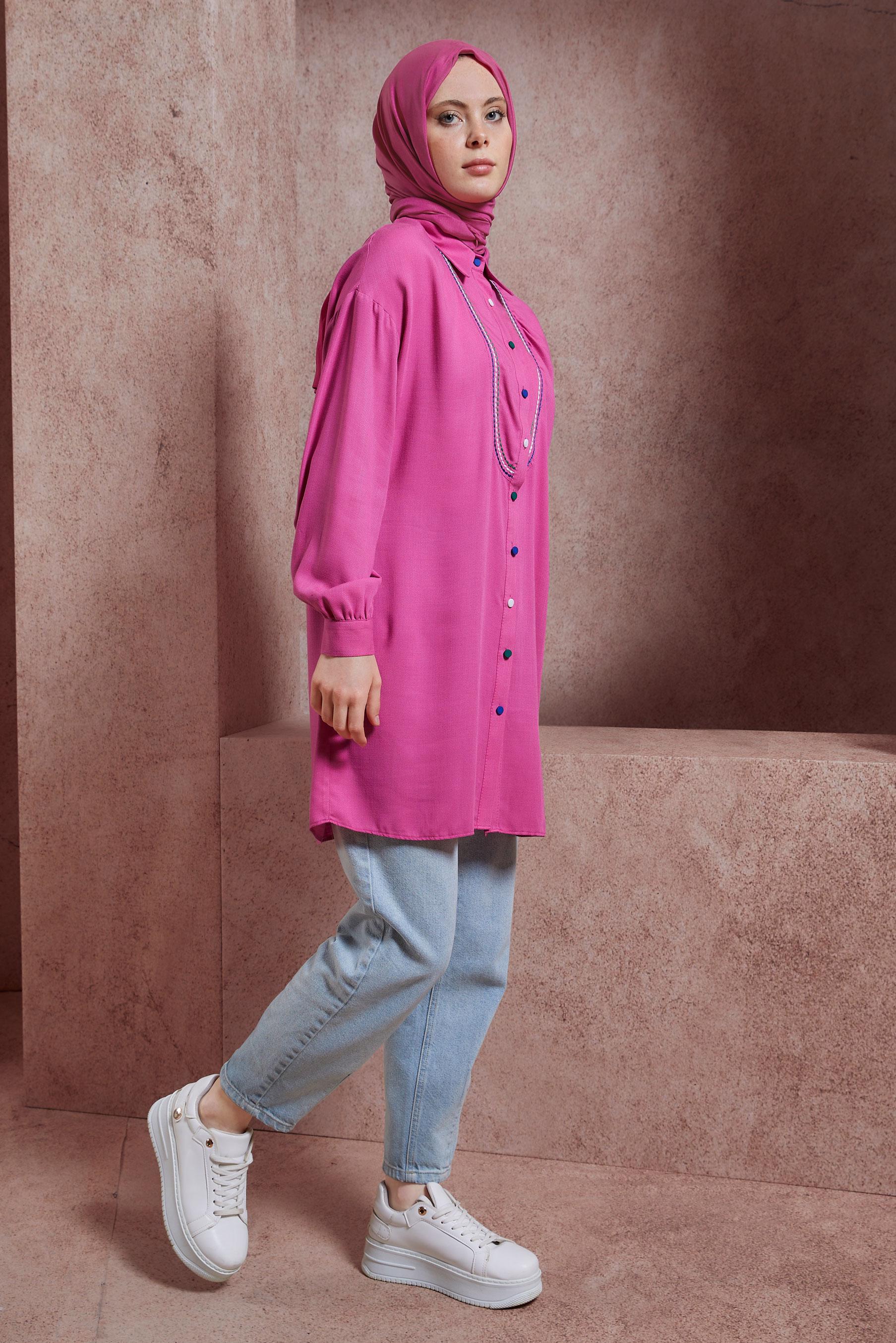 Tesettür giyim FUŞYA DİKİŞ DETAYLI TUNİK 43927
