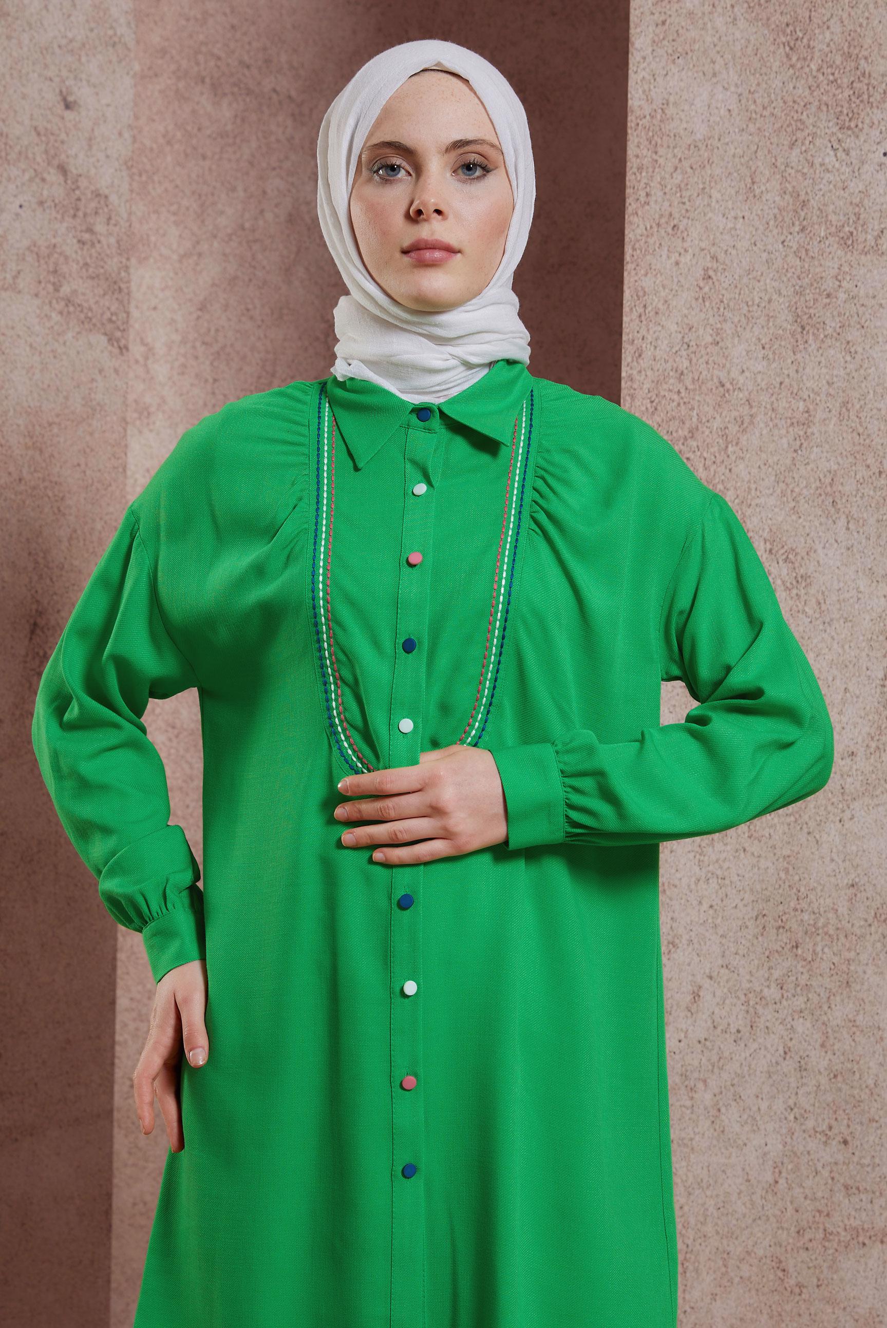 Tesettür giyim YEŞİL DİKİŞ DETAYLI TUNİK 43927