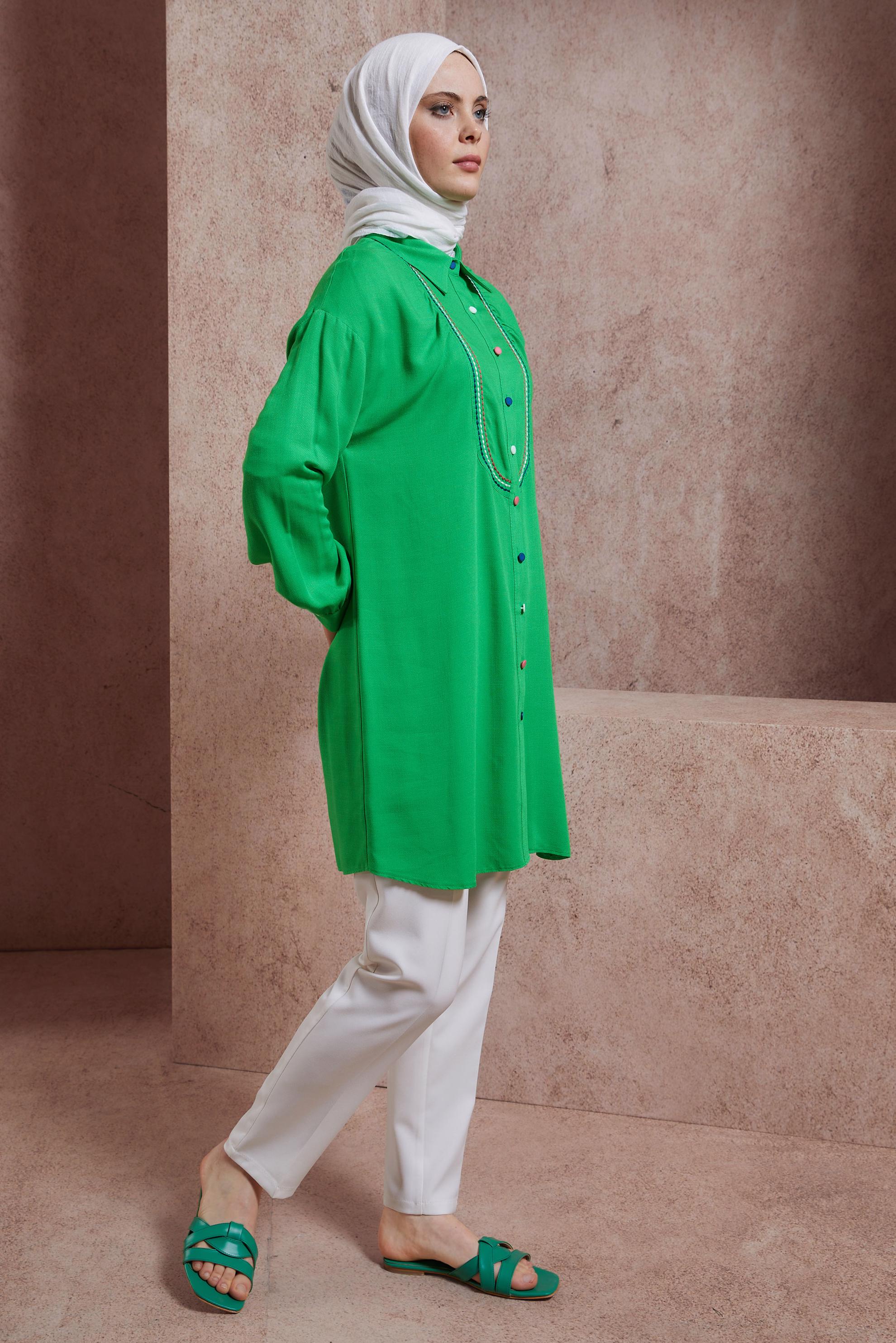 Tesettür giyim YEŞİL DİKİŞ DETAYLI TUNİK 43927