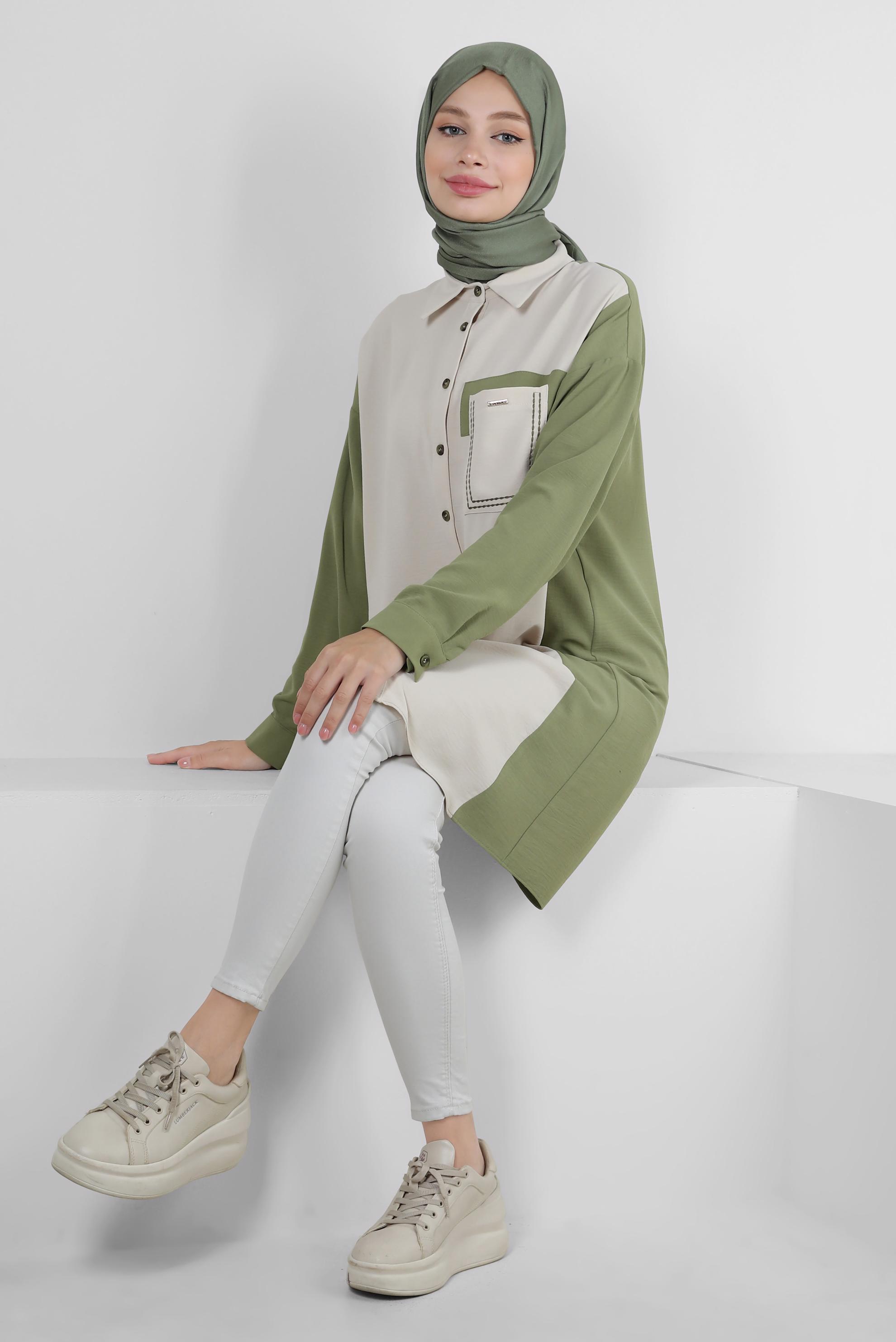 Tesettür giyim HAKİ GÖMLEK YAKA İKİ RENKLİ TUNİK 43928