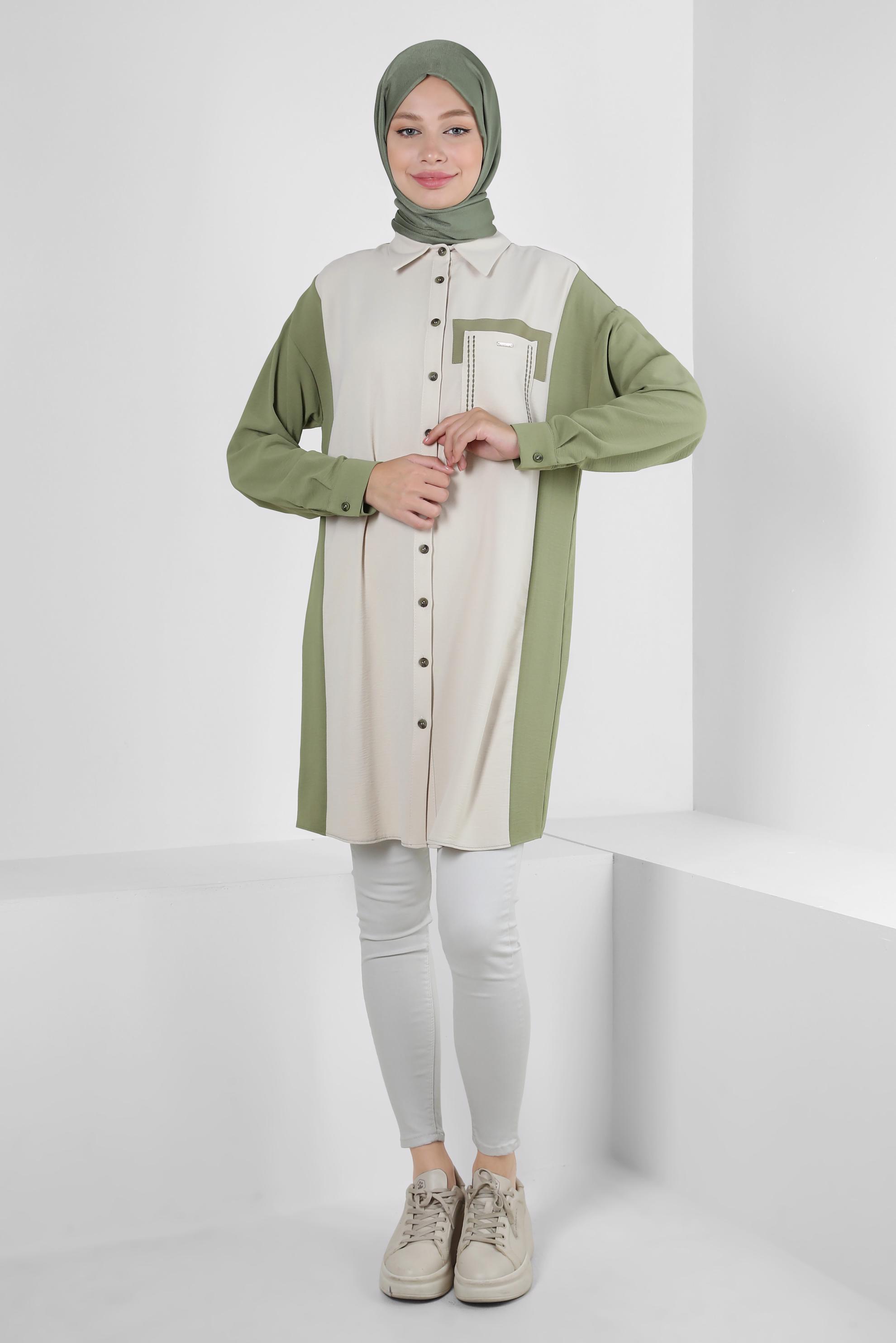 Tesettür giyim HAKİ GÖMLEK YAKA İKİ RENKLİ TUNİK 43928