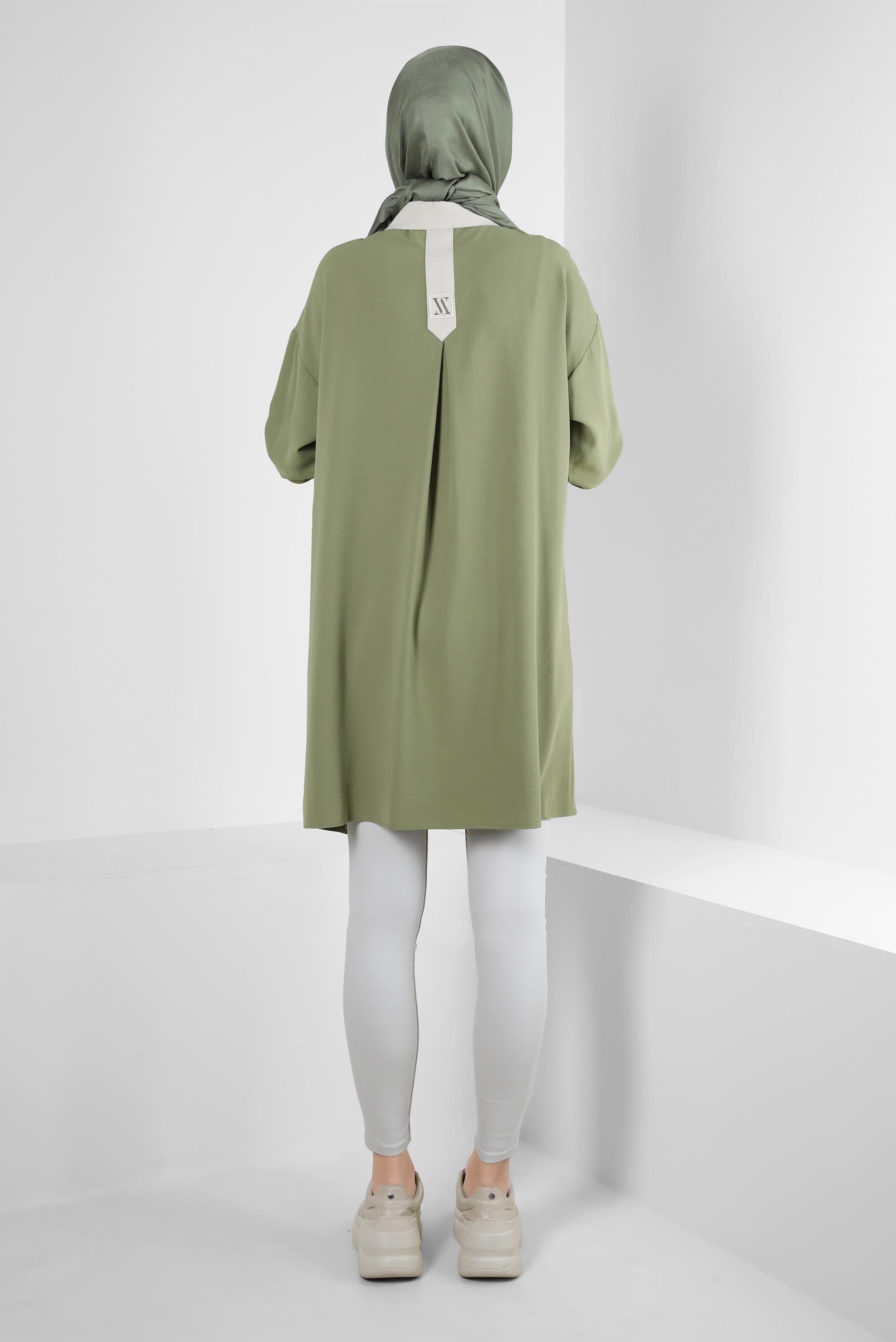 Tesettür giyim HAKİ GÖMLEK YAKA İKİ RENKLİ TUNİK 43928