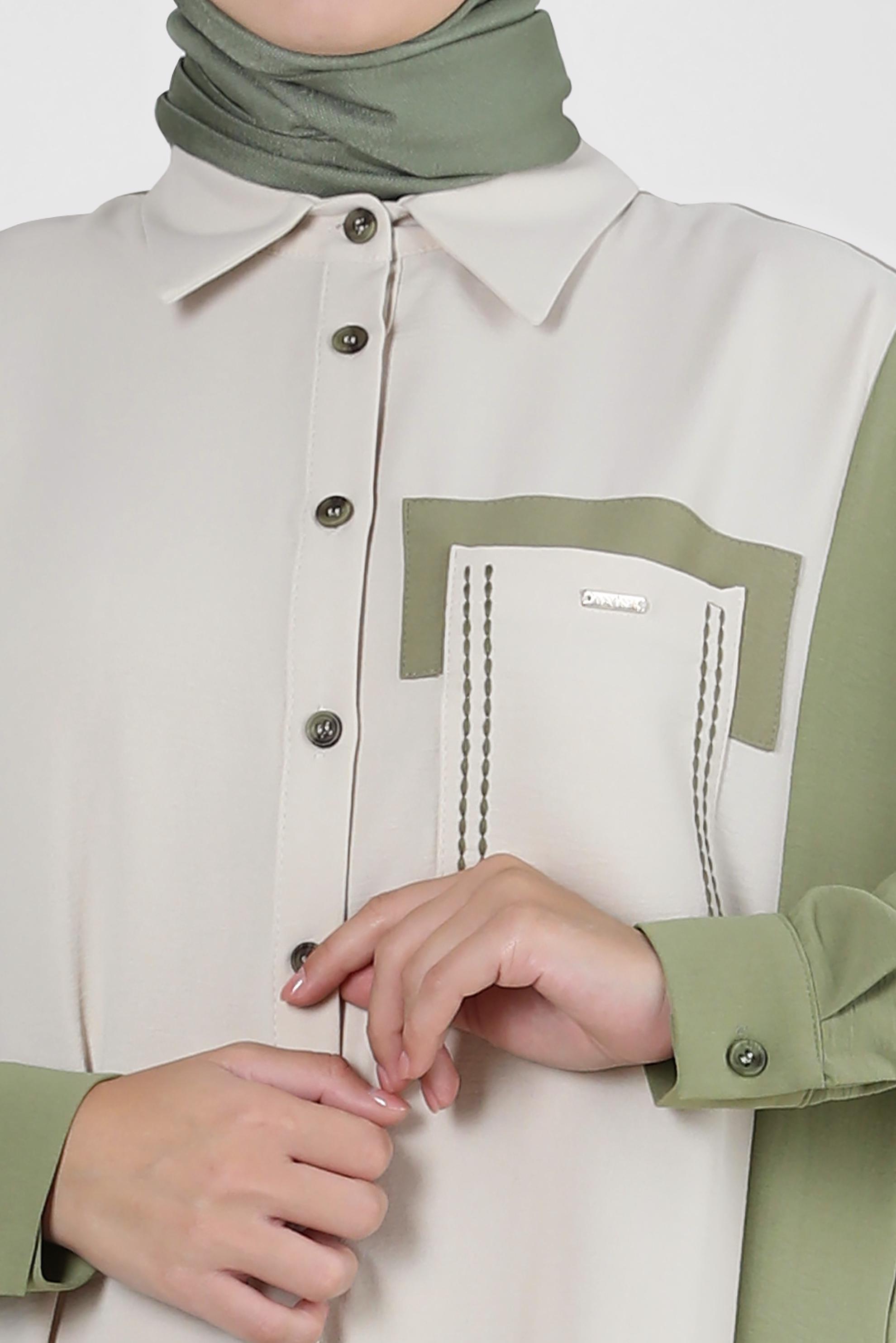 Tesettür giyim HAKİ GÖMLEK YAKA İKİ RENKLİ TUNİK 43928