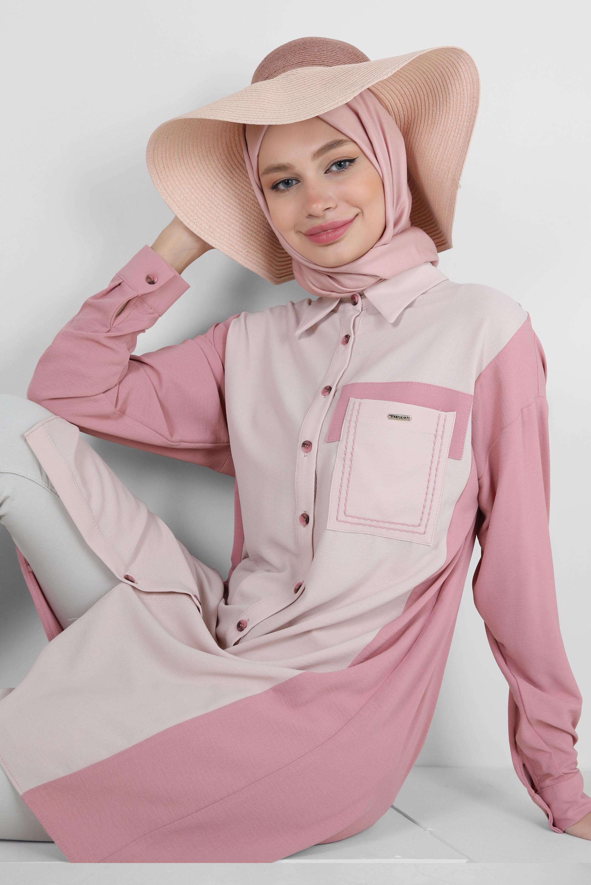 Tesettür giyim PUDRA GÖMLEK YAKA İKİ RENKLİ TUNİK 43928