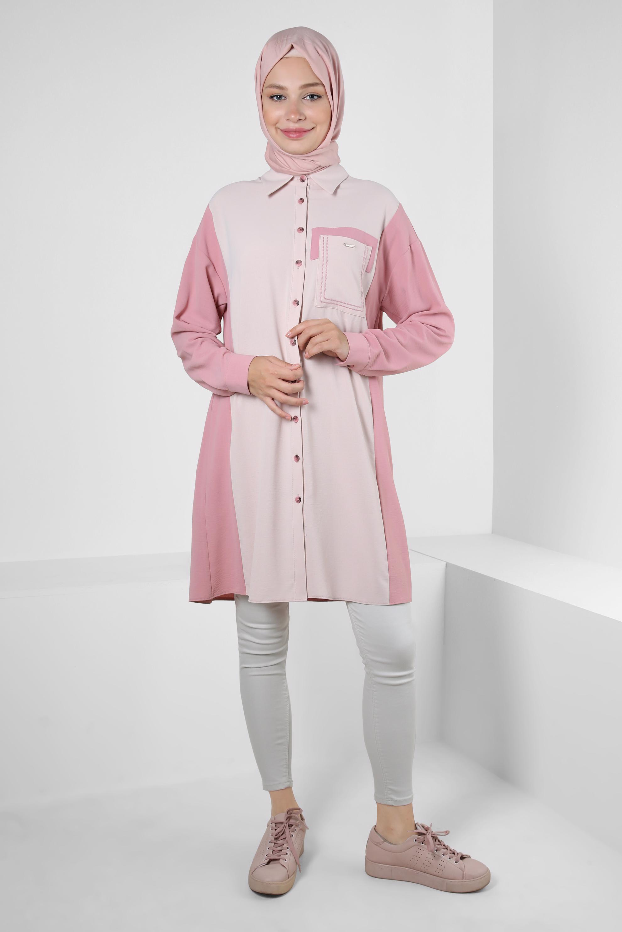 Tesettür giyim PUDRA GÖMLEK YAKA İKİ RENKLİ TUNİK 43928