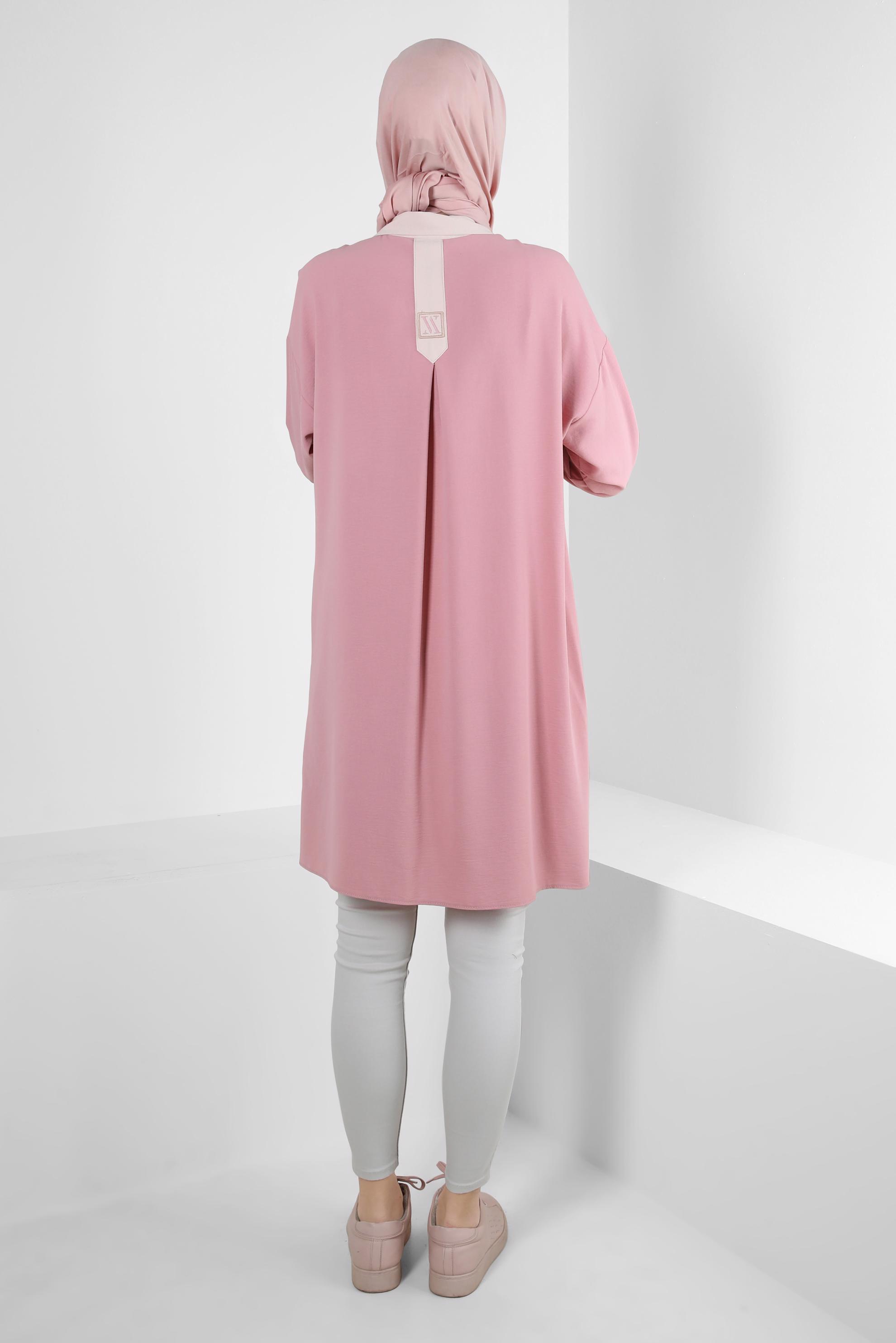 Tesettür giyim PUDRA GÖMLEK YAKA İKİ RENKLİ TUNİK 43928