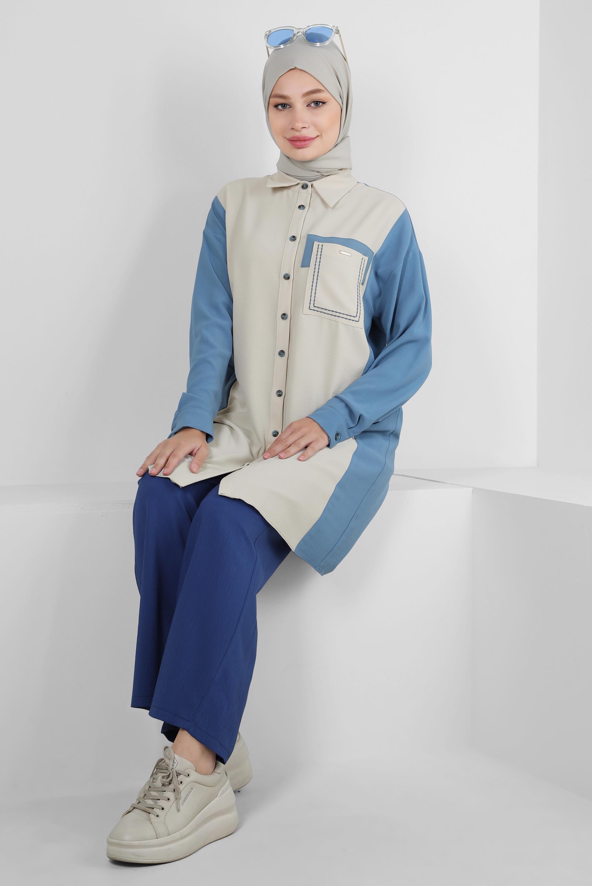 Tesettür giyim MAVİ GÖMLEK YAKA İKİ RENKLİ TUNİK 43928