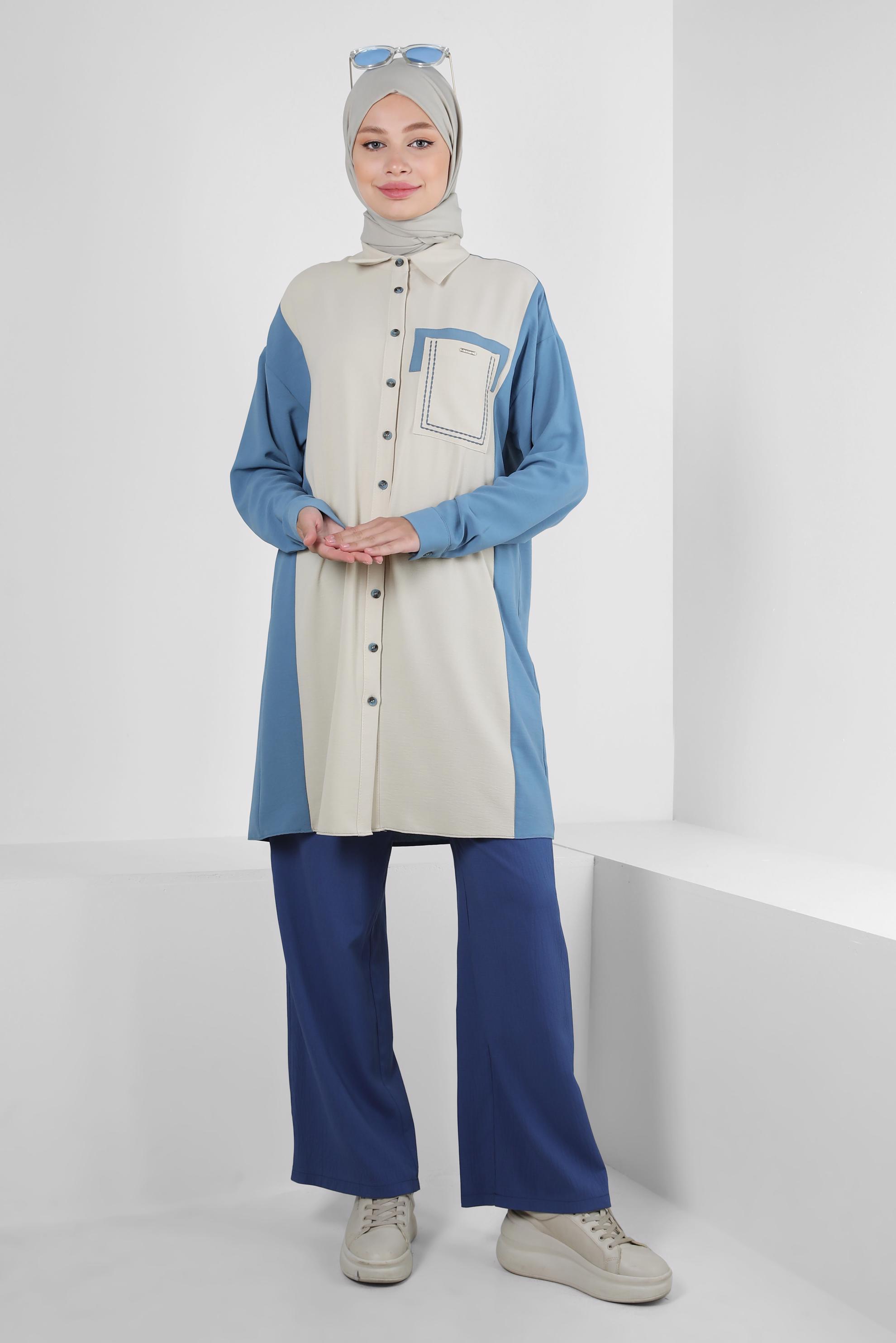 Tesettür giyim MAVİ GÖMLEK YAKA İKİ RENKLİ TUNİK 43928