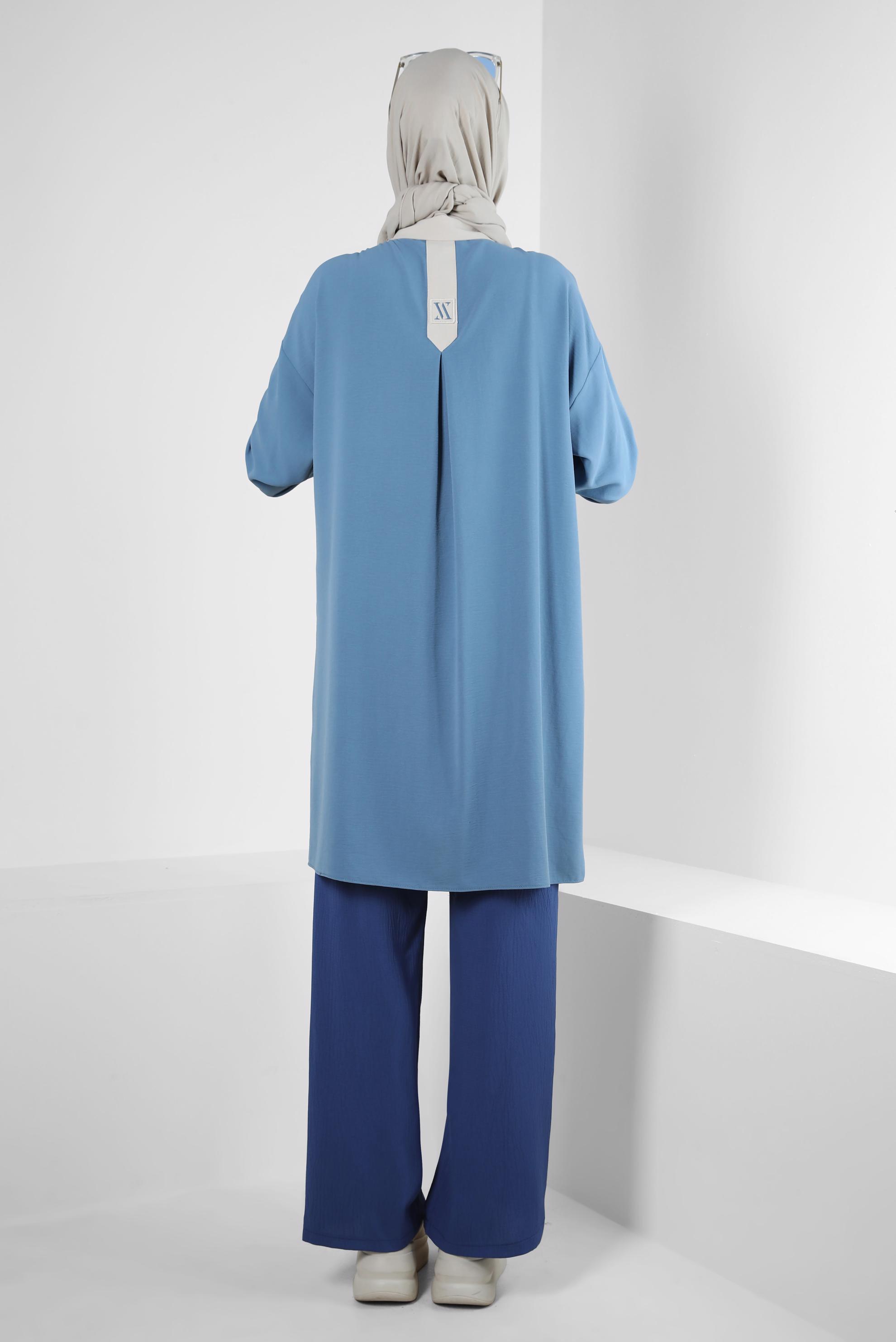 Tesettür giyim MAVİ GÖMLEK YAKA İKİ RENKLİ TUNİK 43928