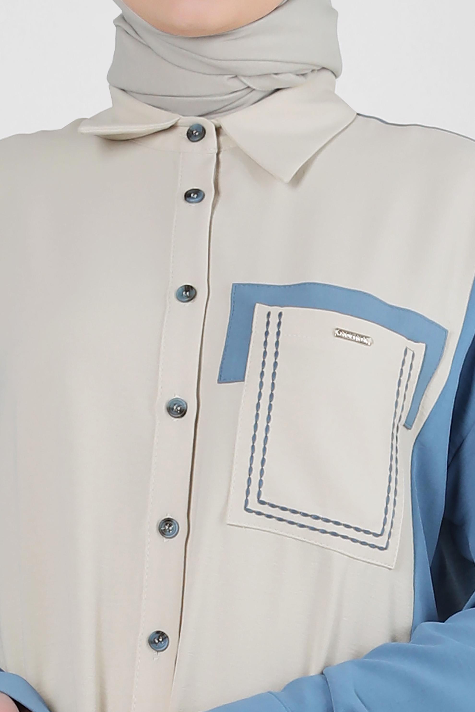 Tesettür giyim MAVİ GÖMLEK YAKA İKİ RENKLİ TUNİK 43928