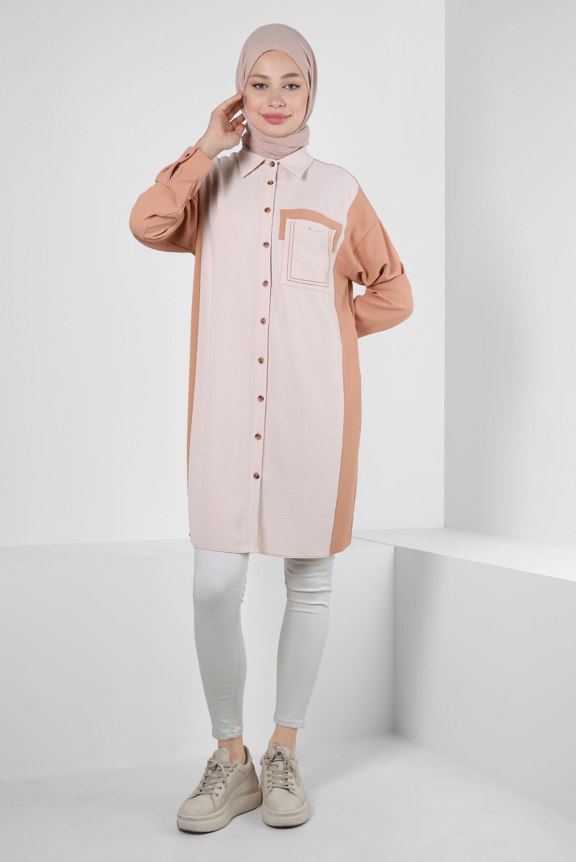 Tesettür giyim KAHVE GÖMLEK YAKA İKİ RENKLİ TUNİK 43928