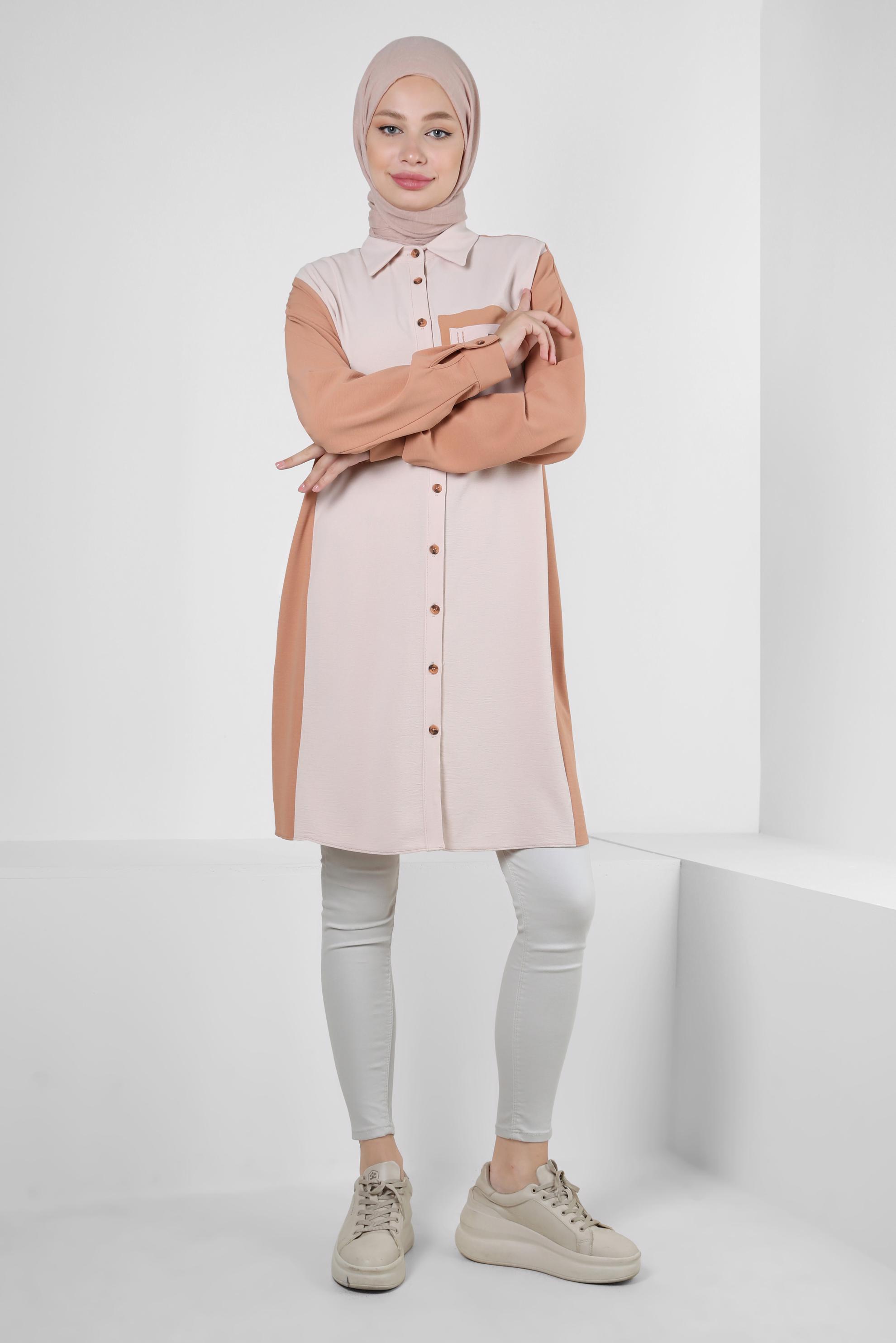 Tesettür giyim KAHVE GÖMLEK YAKA İKİ RENKLİ TUNİK 43928