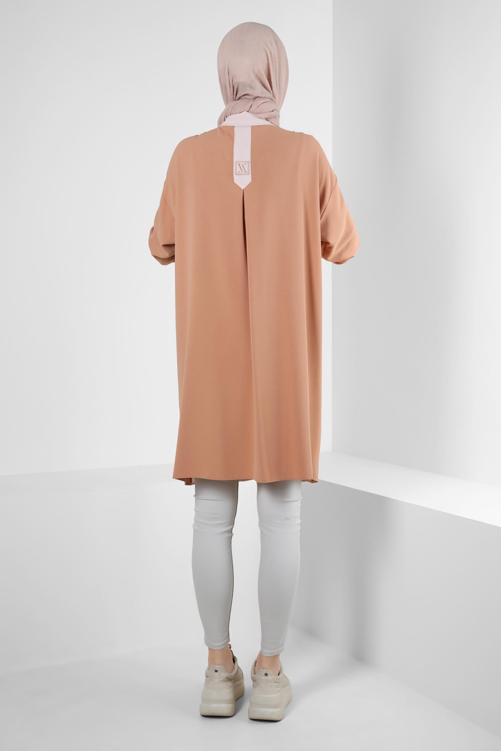 Tesettür giyim KAHVE GÖMLEK YAKA İKİ RENKLİ TUNİK 43928