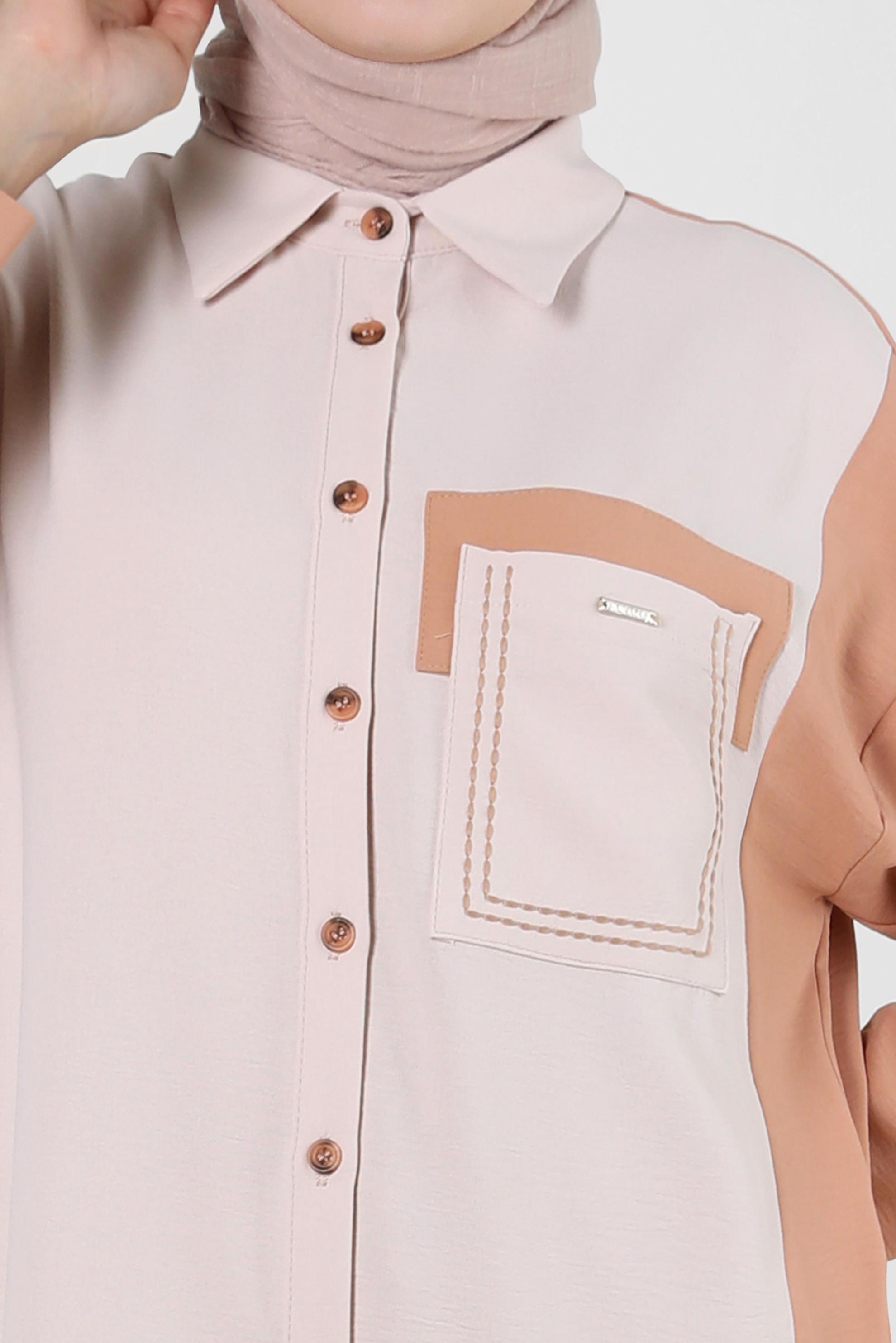 Tesettür giyim KAHVE GÖMLEK YAKA İKİ RENKLİ TUNİK 43928