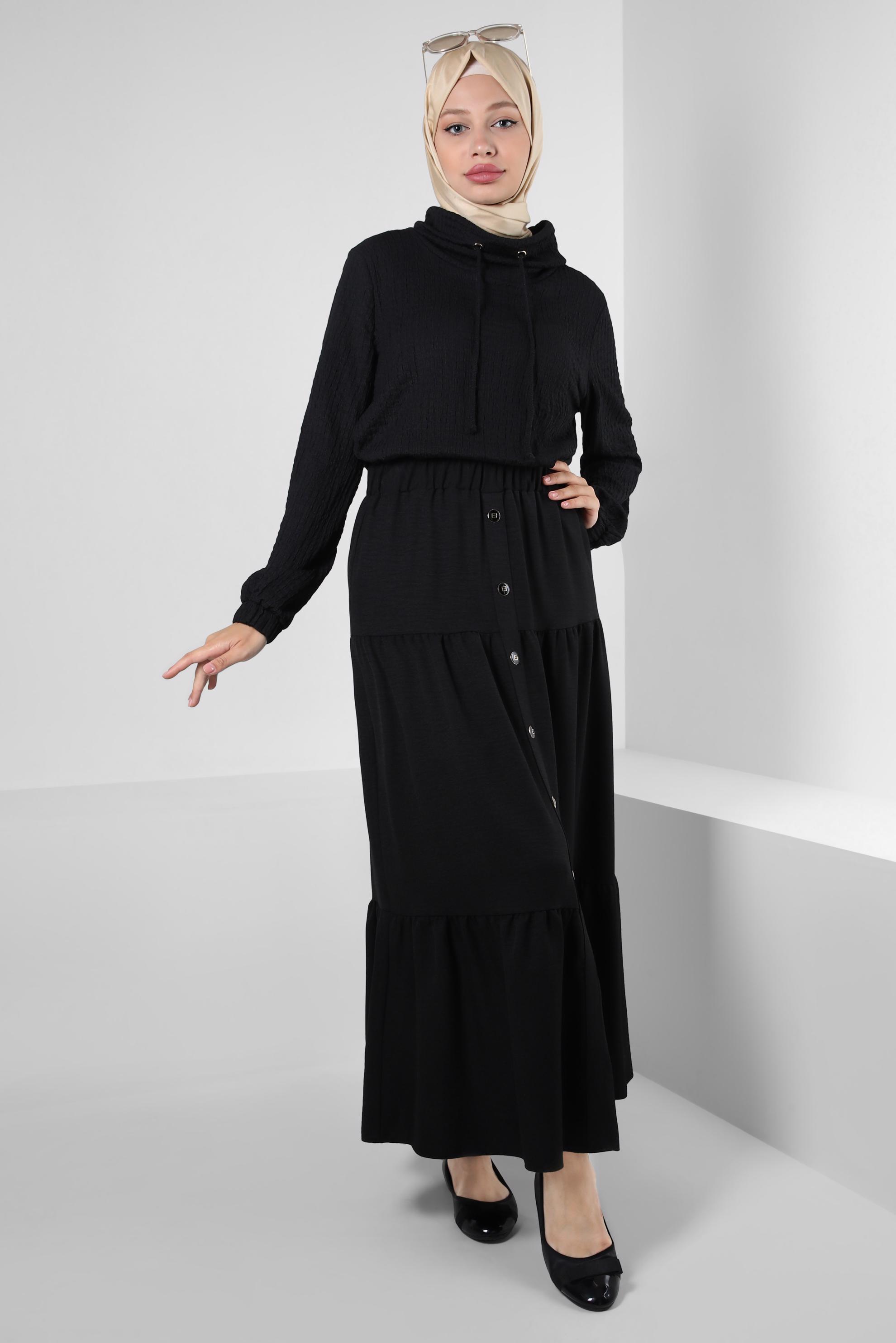 Tesettür giyim SİYAH YAKASI BAĞLAMA DETAYLI MANŞETLERİ LASTİKLİ TUNİK 43931