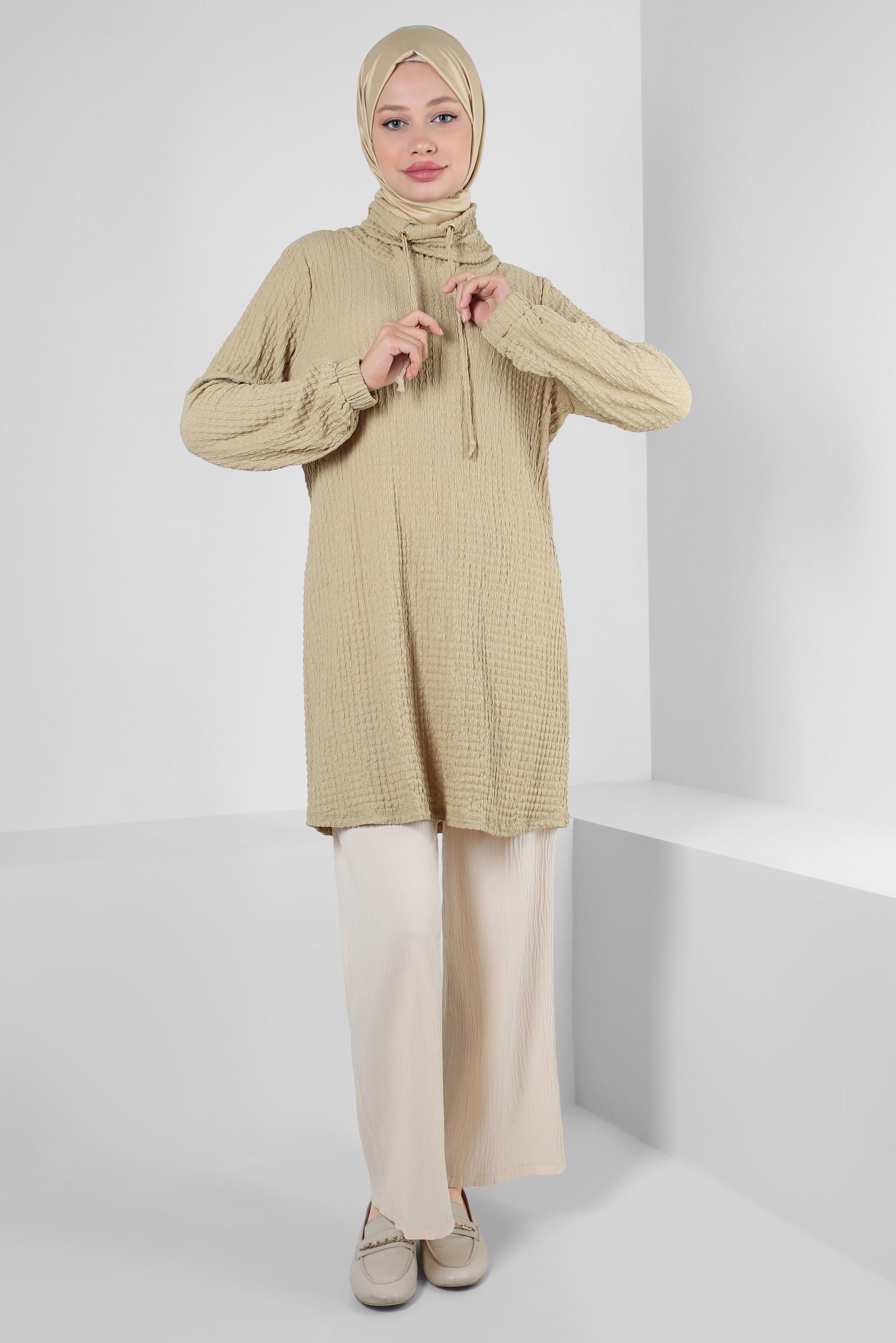 Tesettür giyim KAHVE YAKASI BAĞLAMA DETAYLI MANŞETLERİ LASTİKLİ TUNİK 43931
