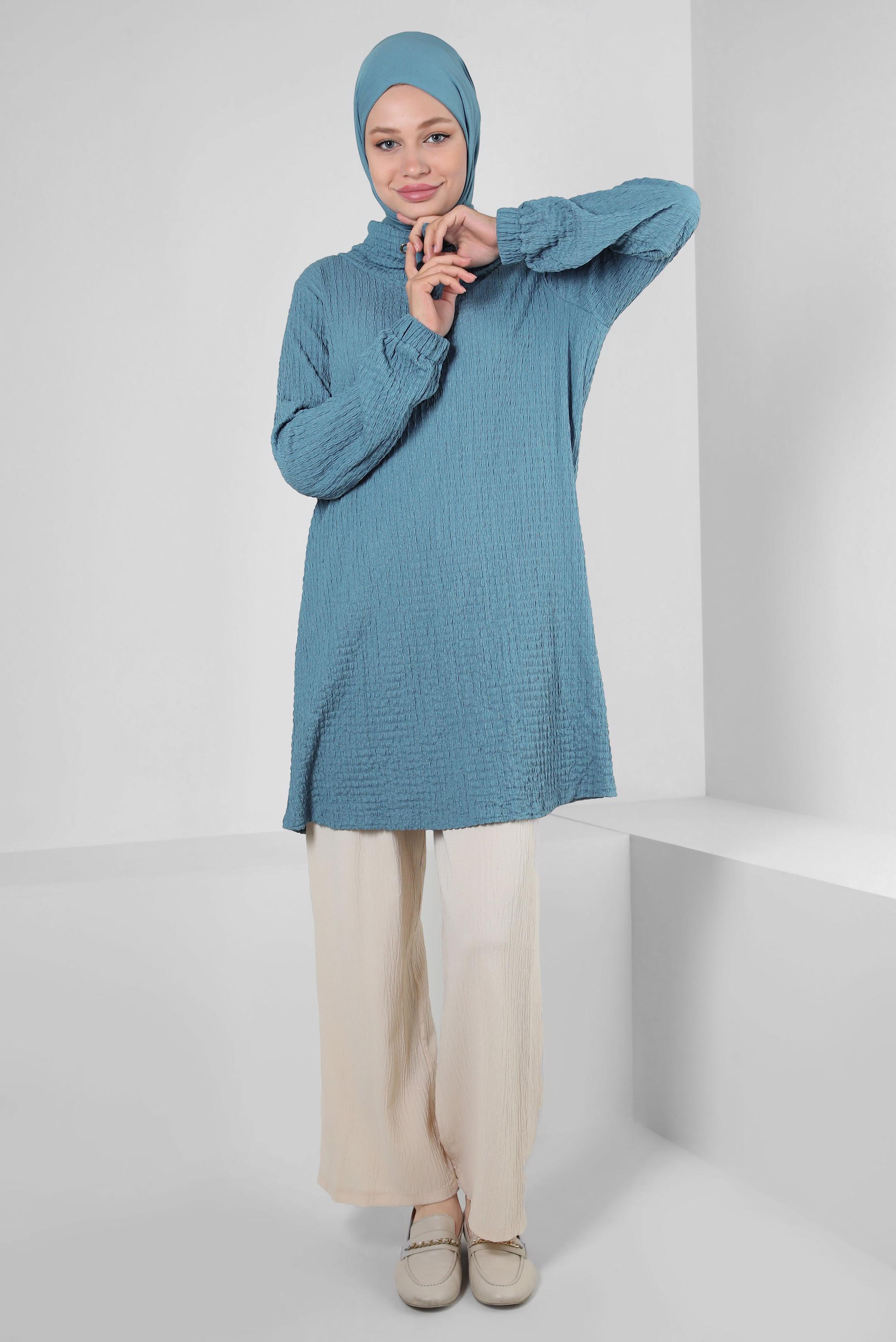 Tesettür giyim LACİVERT YAKASI BAĞLAMA DETAYLI MANŞETLERİ LASTİKLİ TUNİK 43931