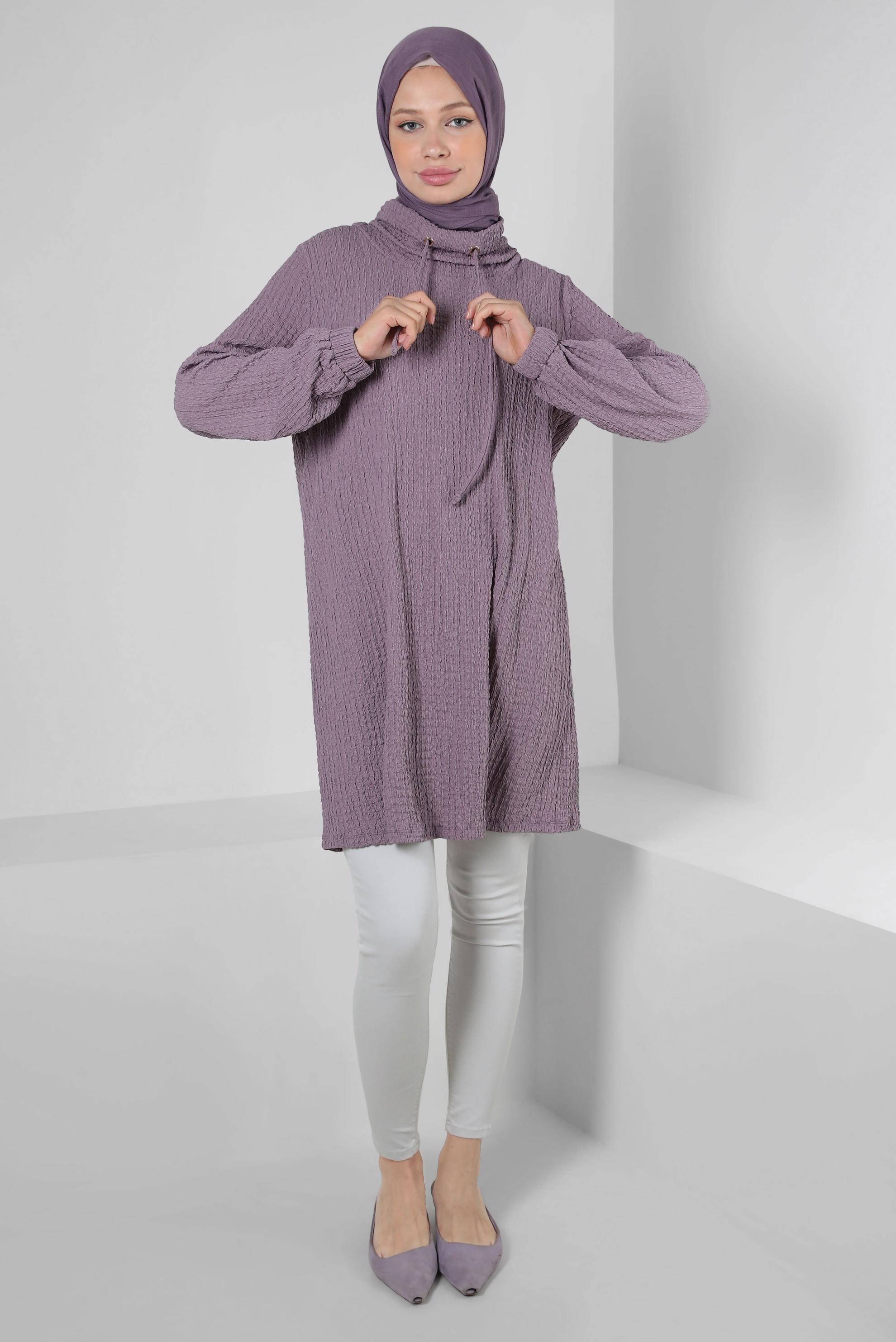 Tesettür giyim MOR YAKASI BAĞLAMA DETAYLI MANŞETLERİ LASTİKLİ TUNİK 43931