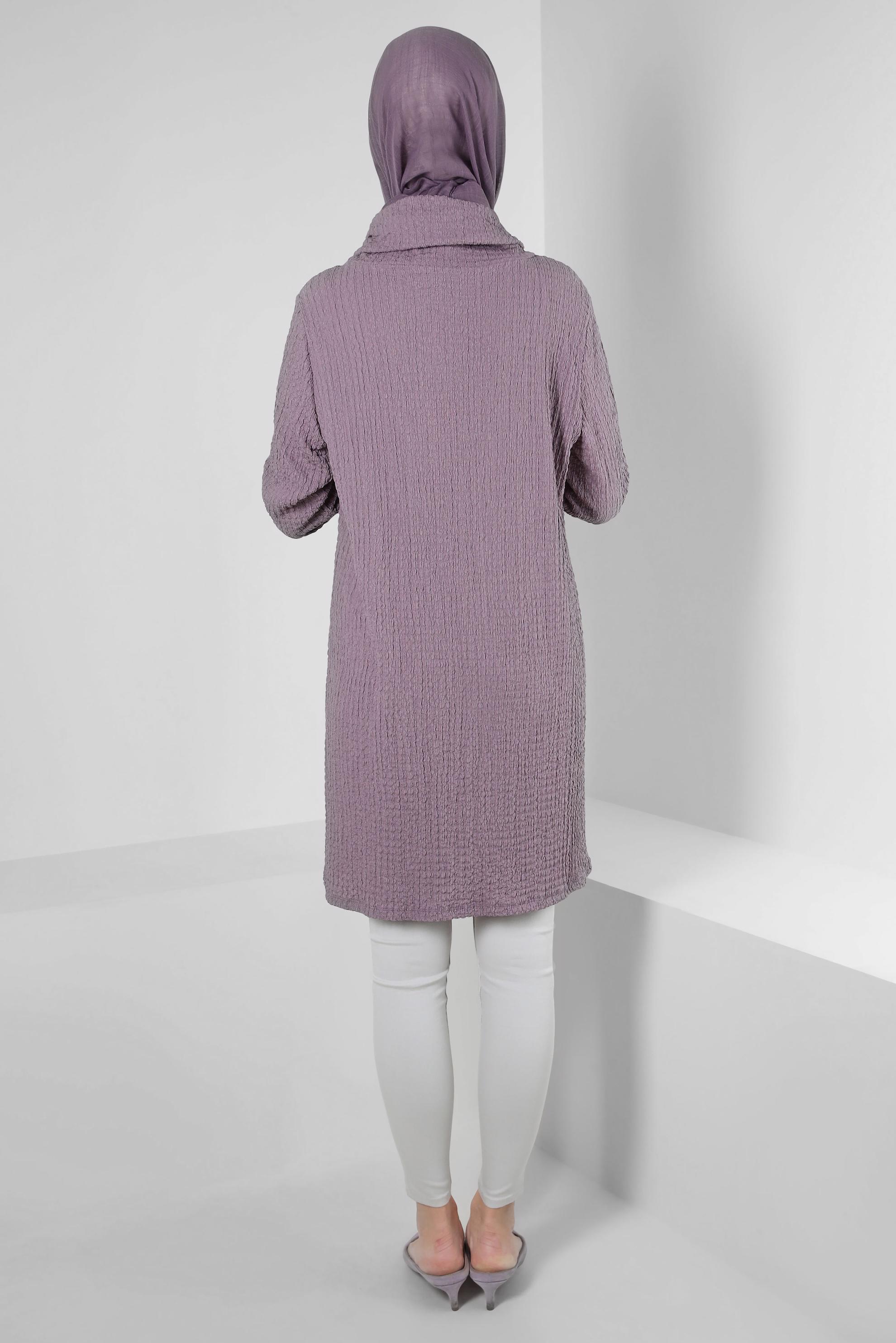 Tesettür giyim MOR YAKASI BAĞLAMA DETAYLI MANŞETLERİ LASTİKLİ TUNİK 43931