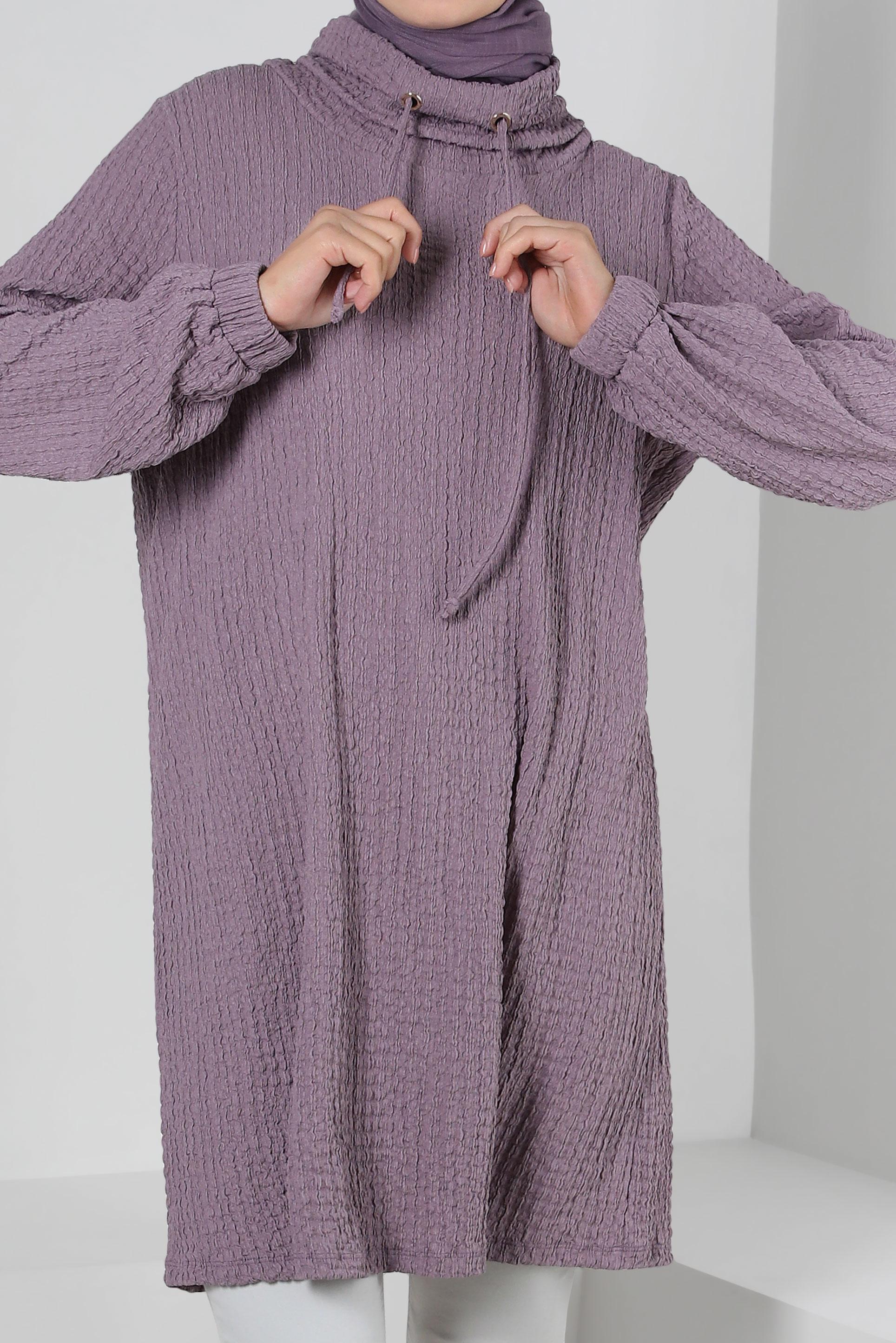 Tesettür giyim MOR YAKASI BAĞLAMA DETAYLI MANŞETLERİ LASTİKLİ TUNİK 43931