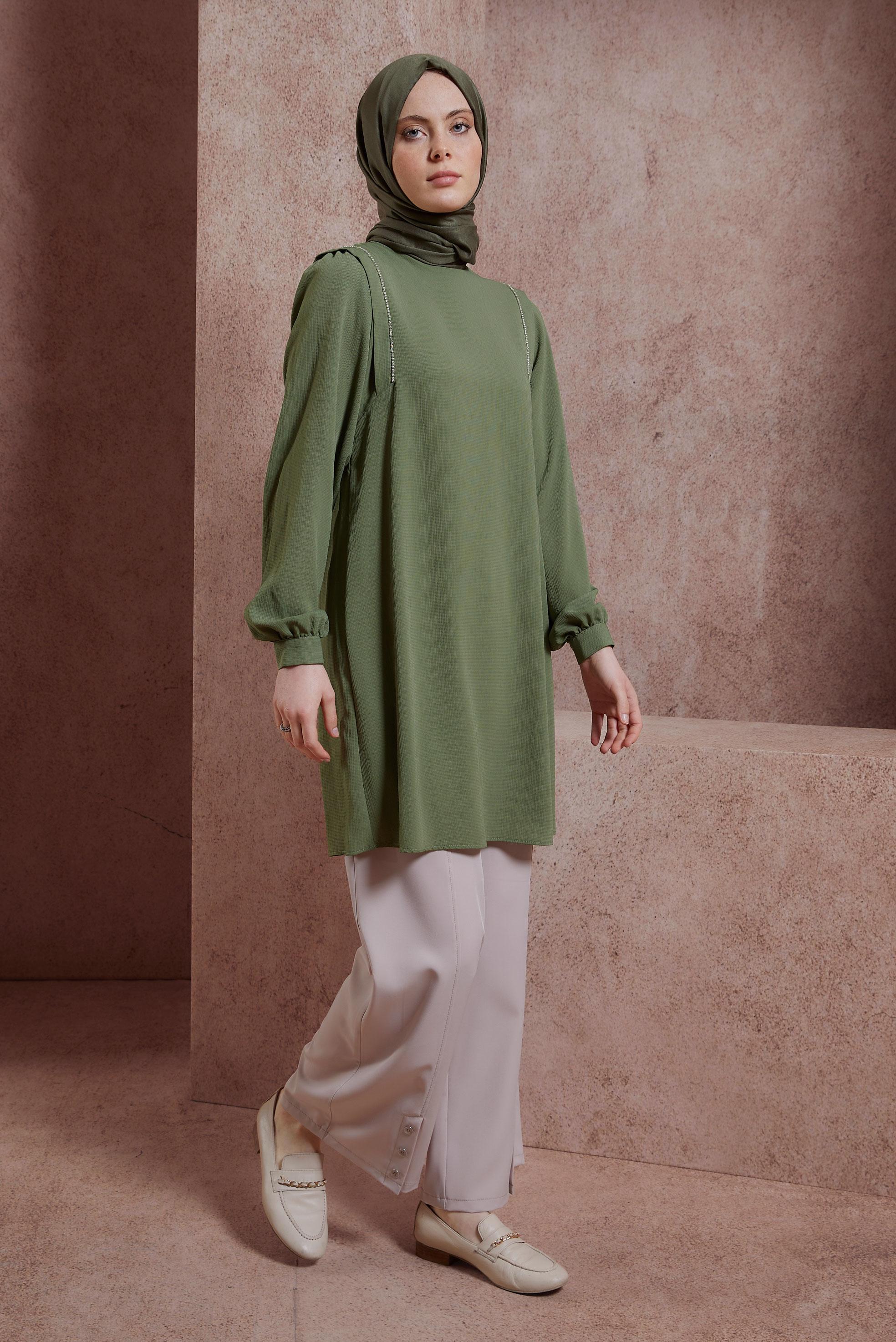 Tesettür giyim HAKİ TAŞ DETAYLI TUNİK 43933