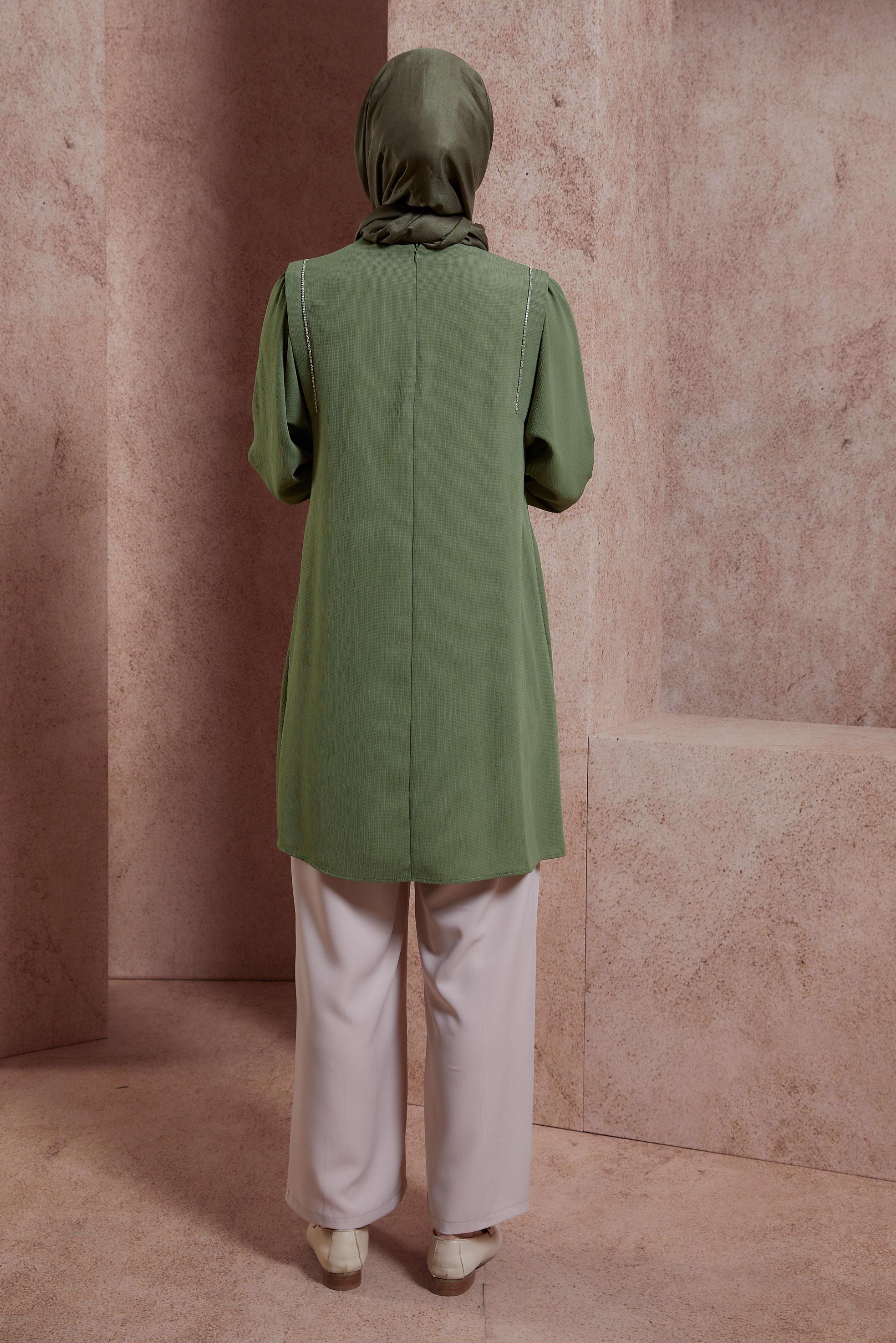 Tesettür giyim HAKİ TAŞ DETAYLI TUNİK 43933