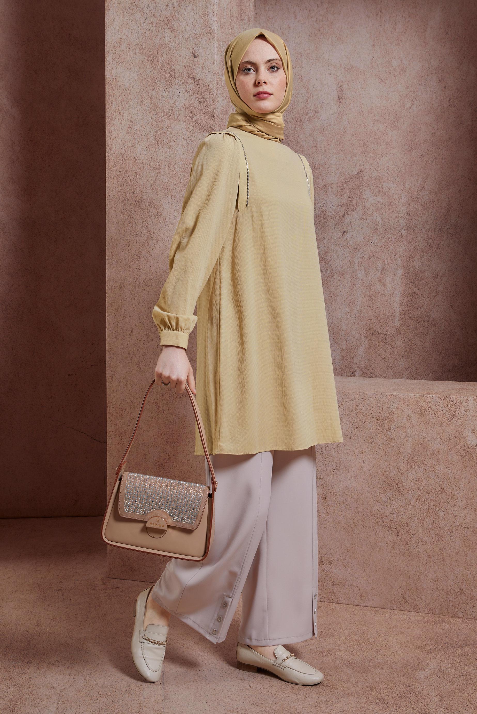 Tesettür giyim BEJ TAŞ DETAYLI TUNİK 43933