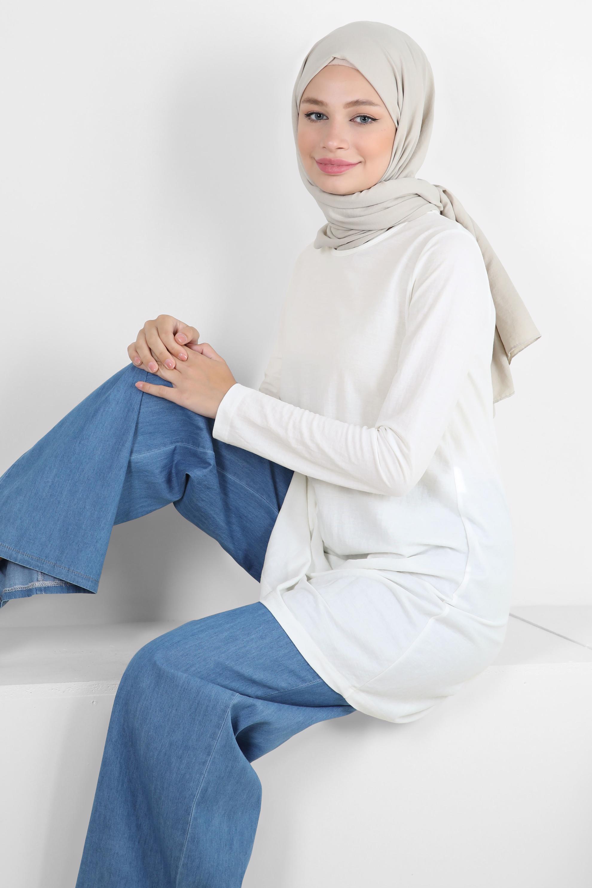 Tesettür giyim BEYAZ BİSİKLET YAKA DÜZ TUNİK 43941