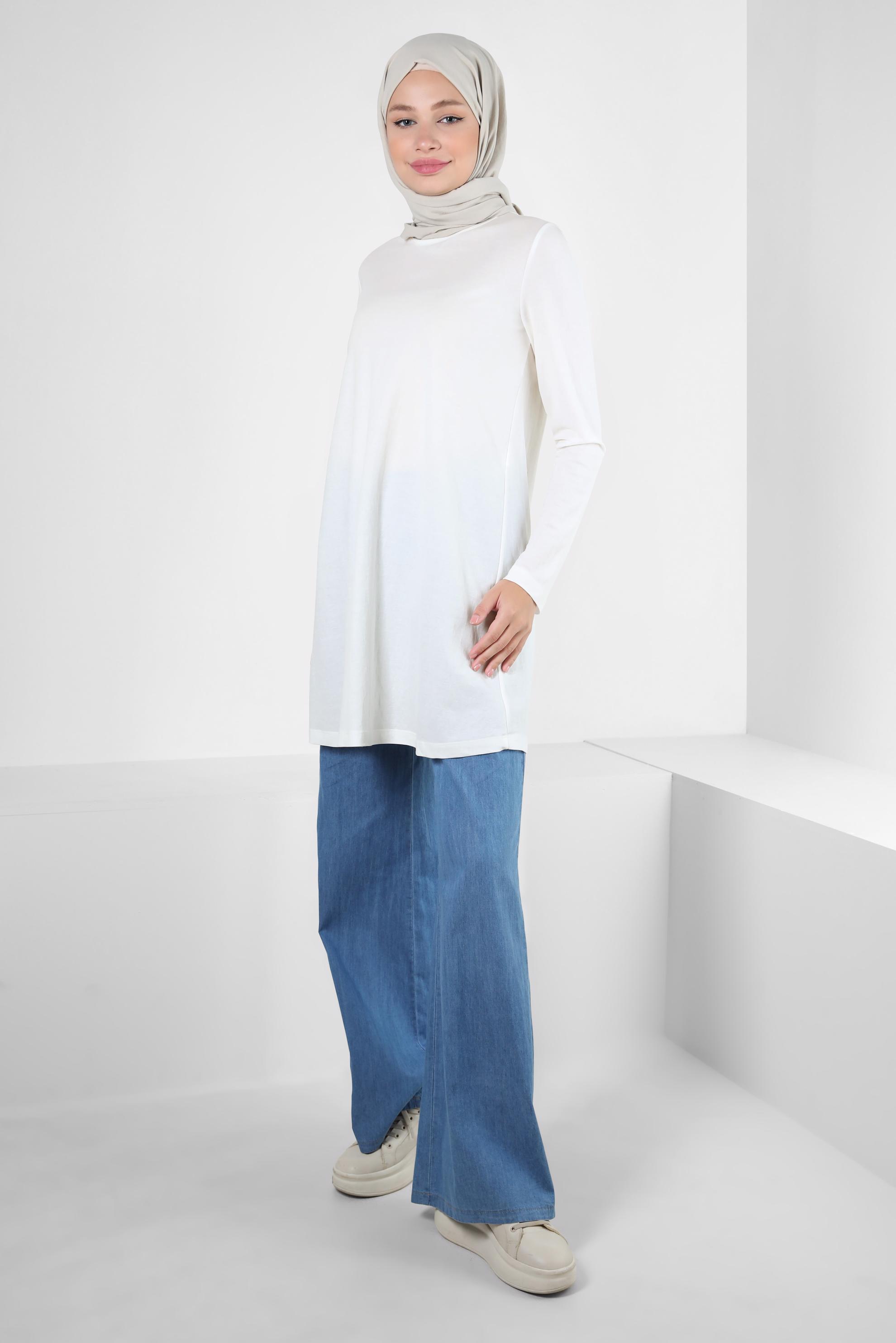 Tesettür giyim BEYAZ BİSİKLET YAKA DÜZ TUNİK 43941