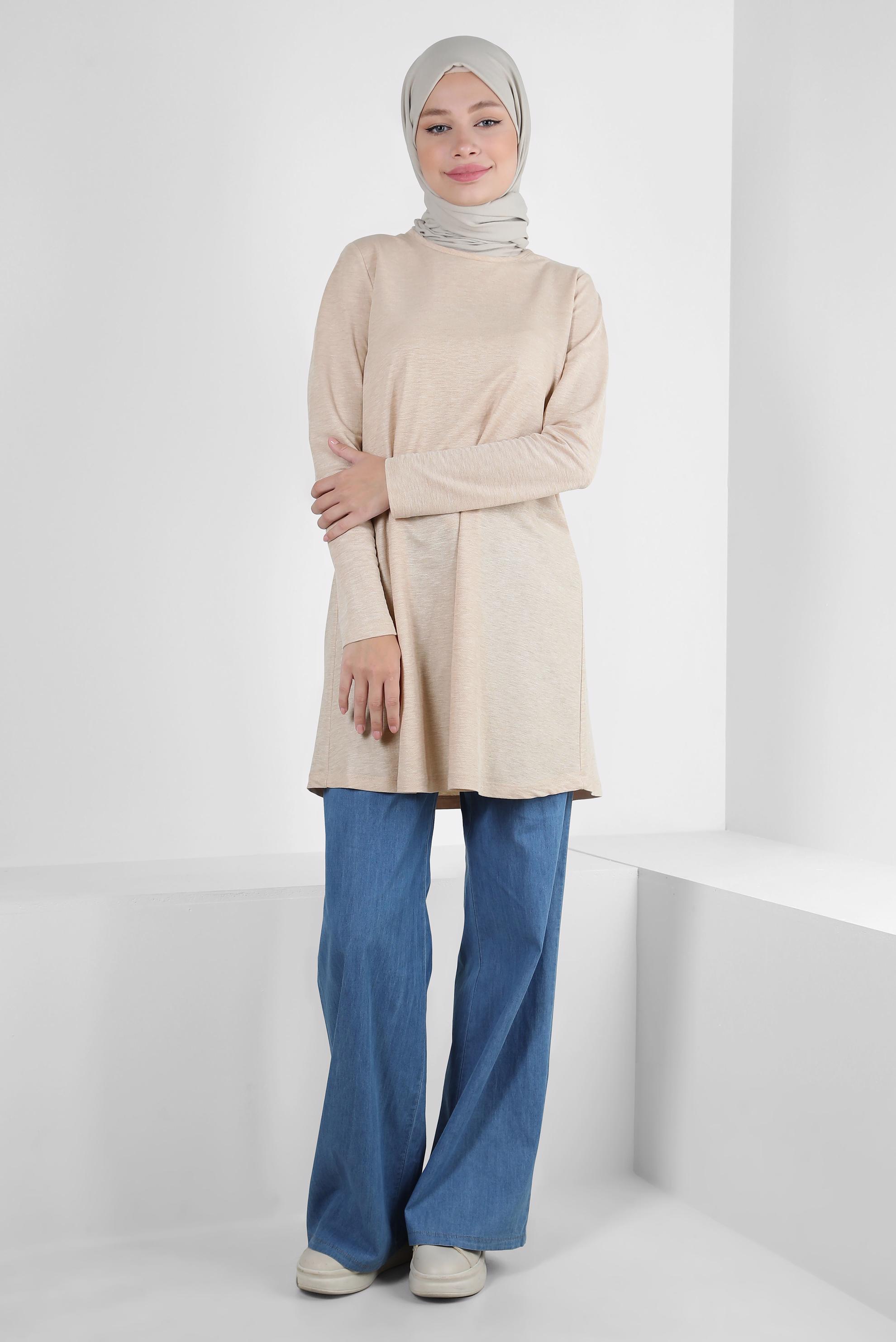 Tesettür giyim BEJ BİSİKLET YAKA DÜZ TUNİK 43941