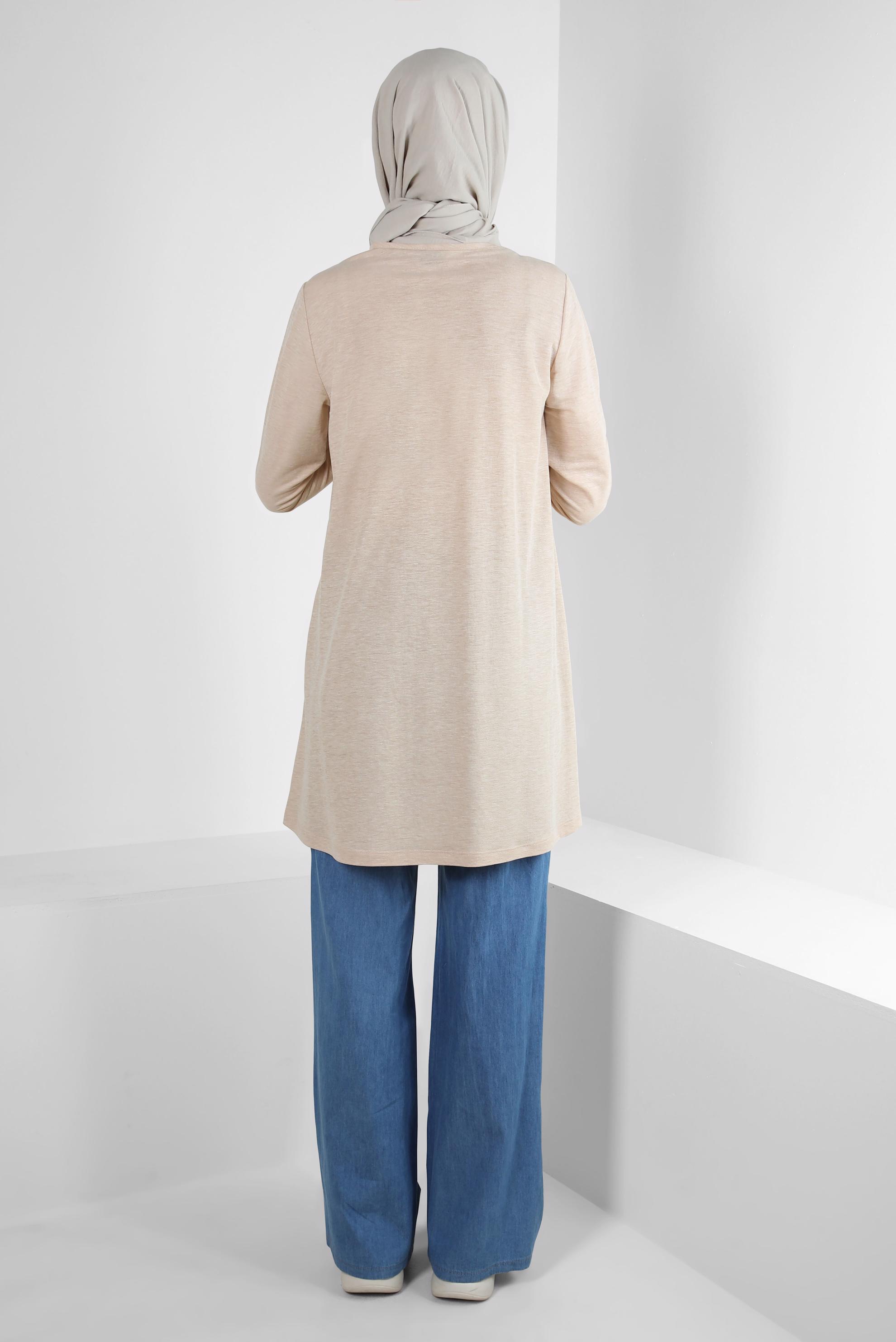 Tesettür giyim BEJ BİSİKLET YAKA DÜZ TUNİK 43941