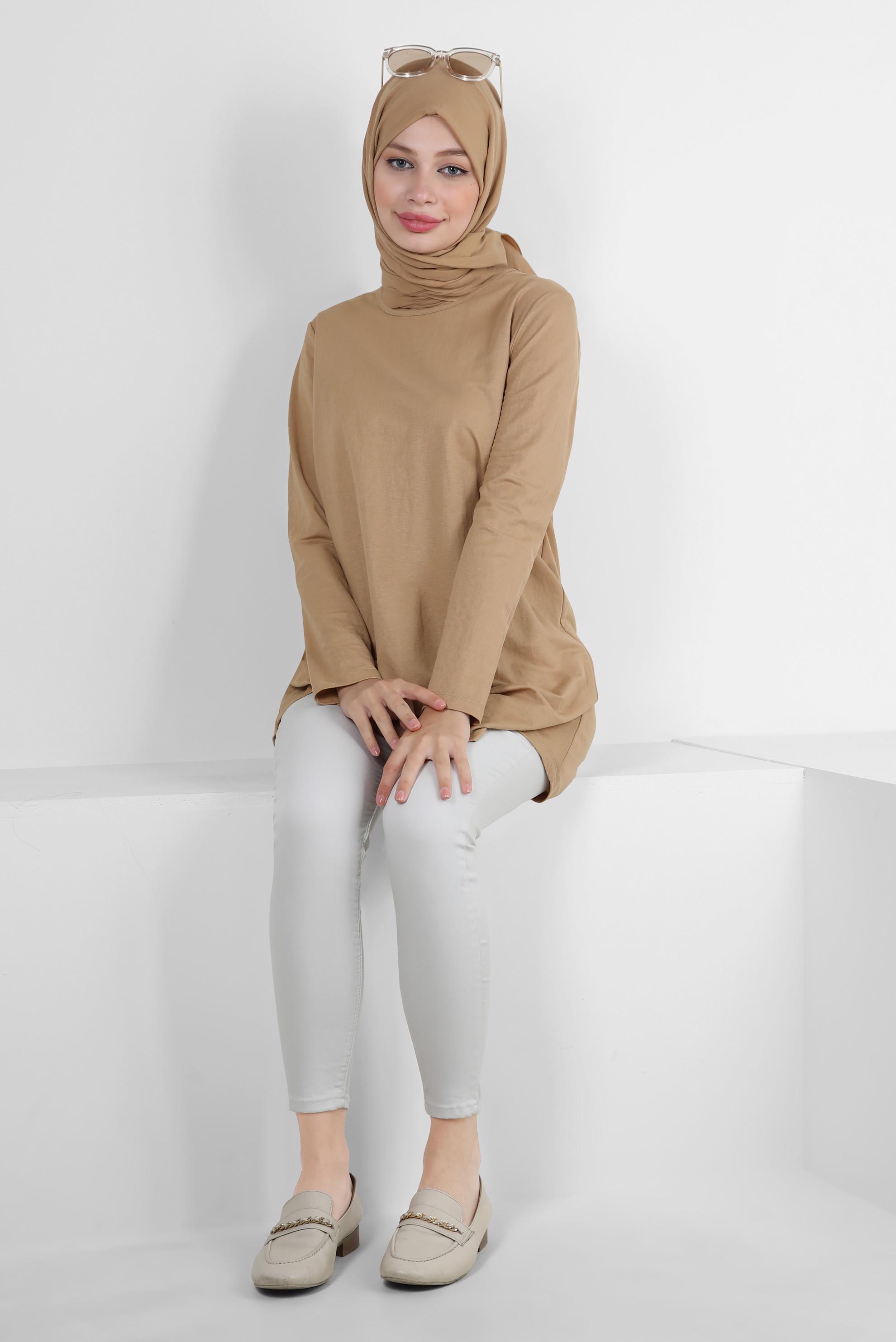 Tesettür giyim KAHVE BİSİKLET YAKA DÜZ TUNİK 43941