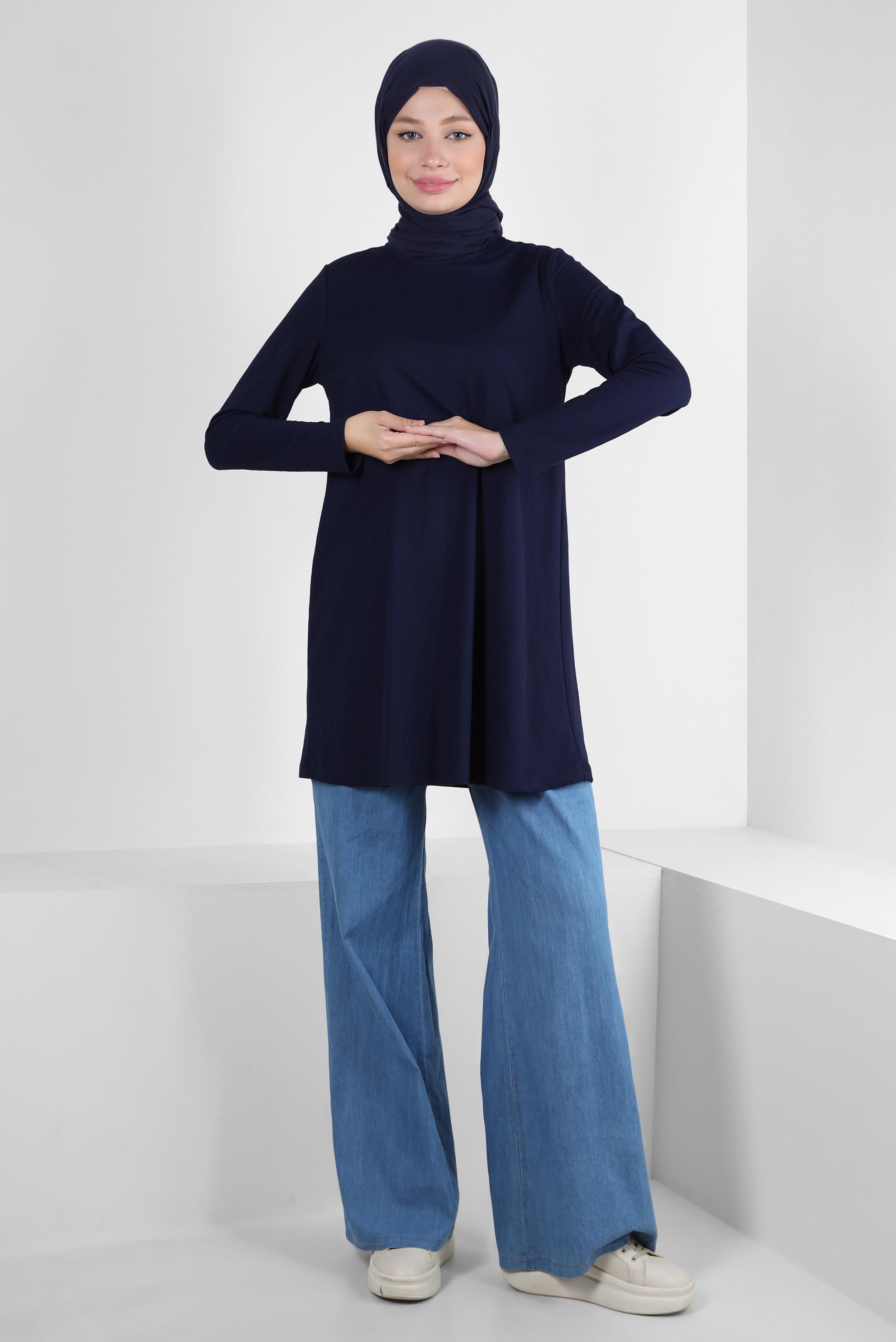 Tesettür giyim LACİVERT BİSİKLET YAKA DÜZ TUNİK 43941