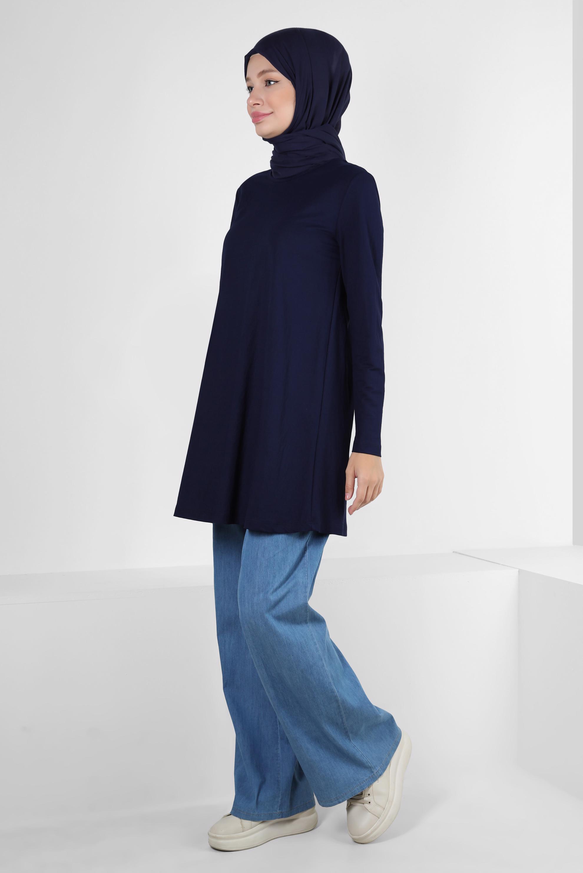 Tesettür giyim LACİVERT BİSİKLET YAKA DÜZ TUNİK 43941