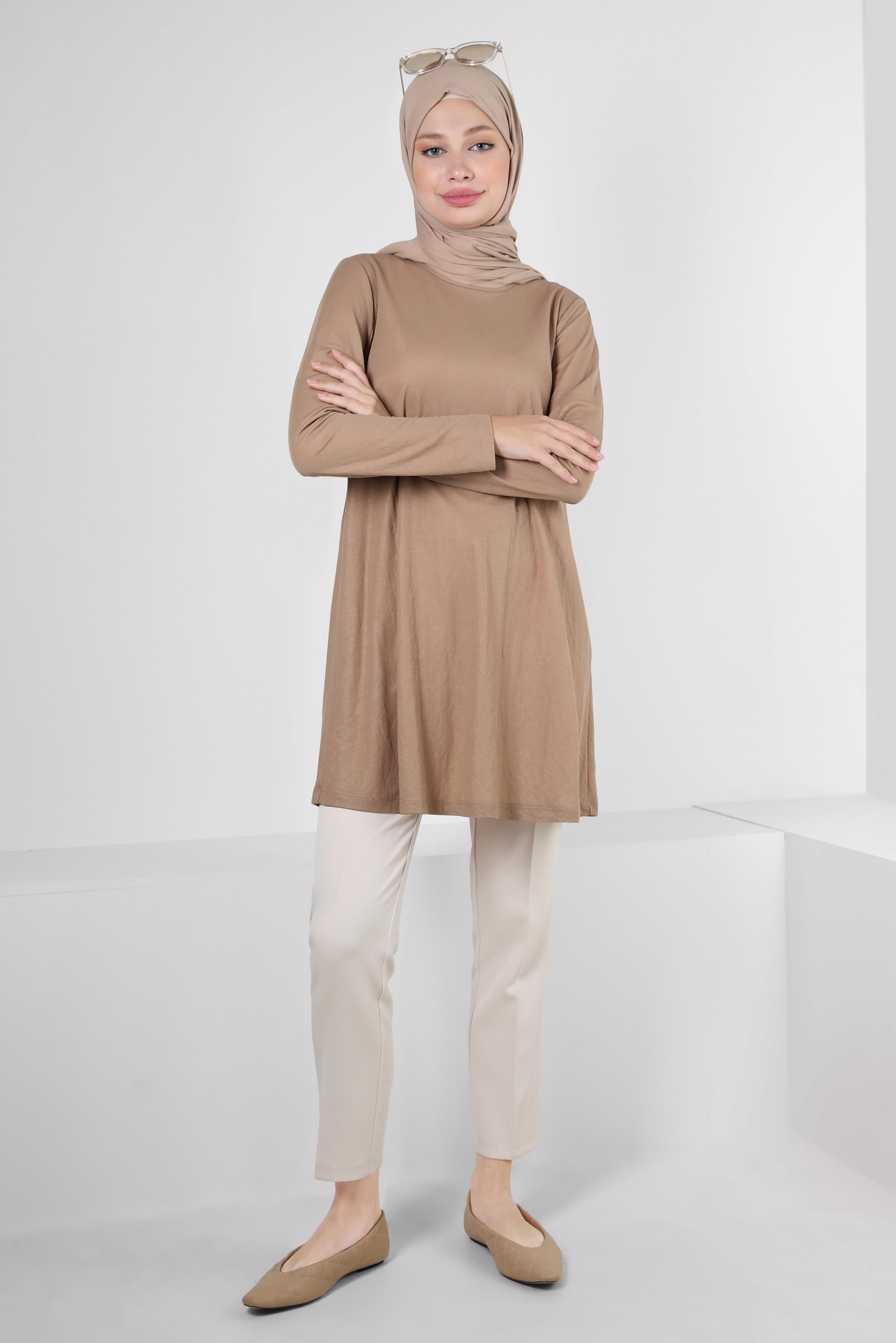 Tesettür giyim TABA BİSİKLET YAKA DÜZ TUNİK 43941