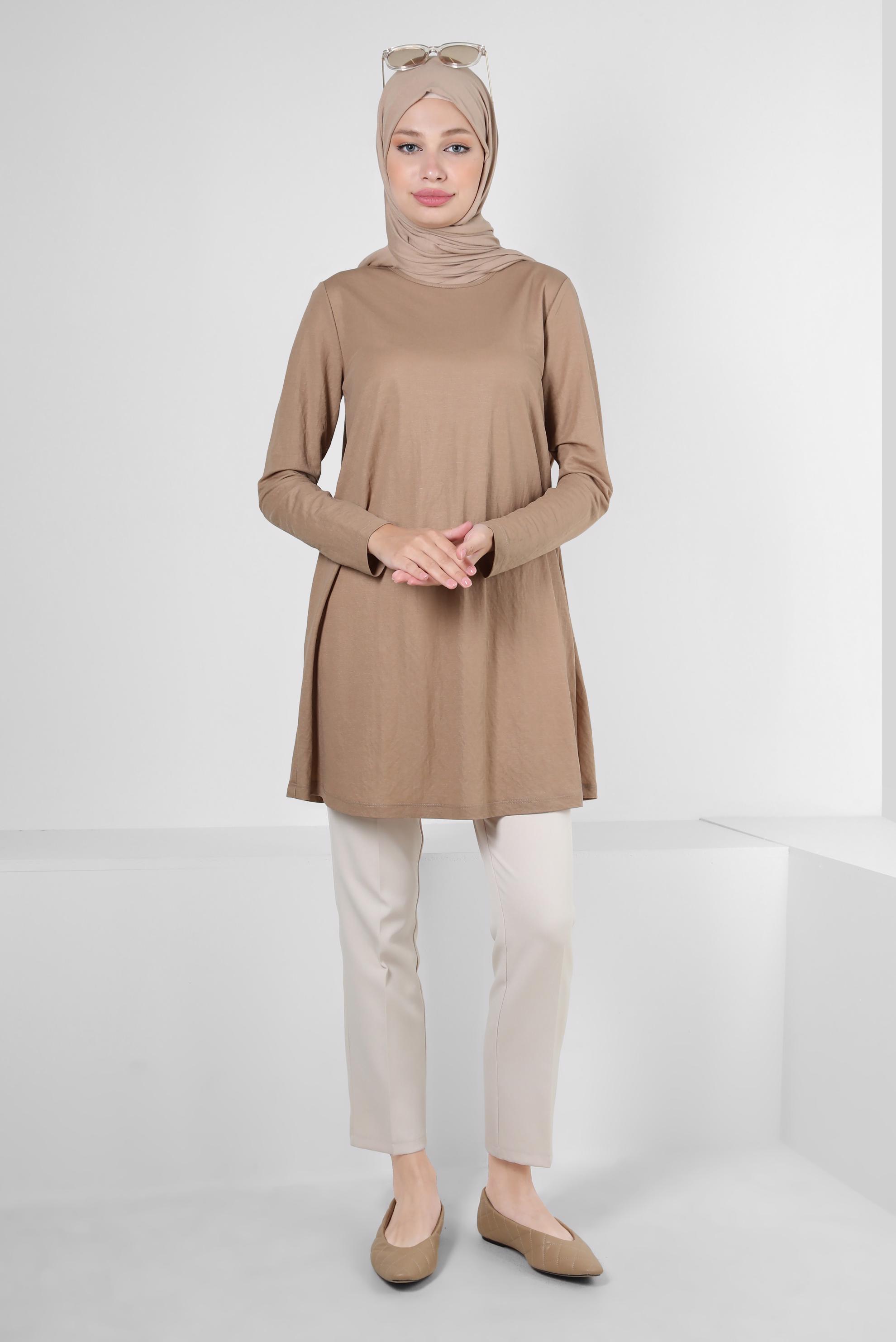 Tesettür giyim TABA BİSİKLET YAKA DÜZ TUNİK 43941