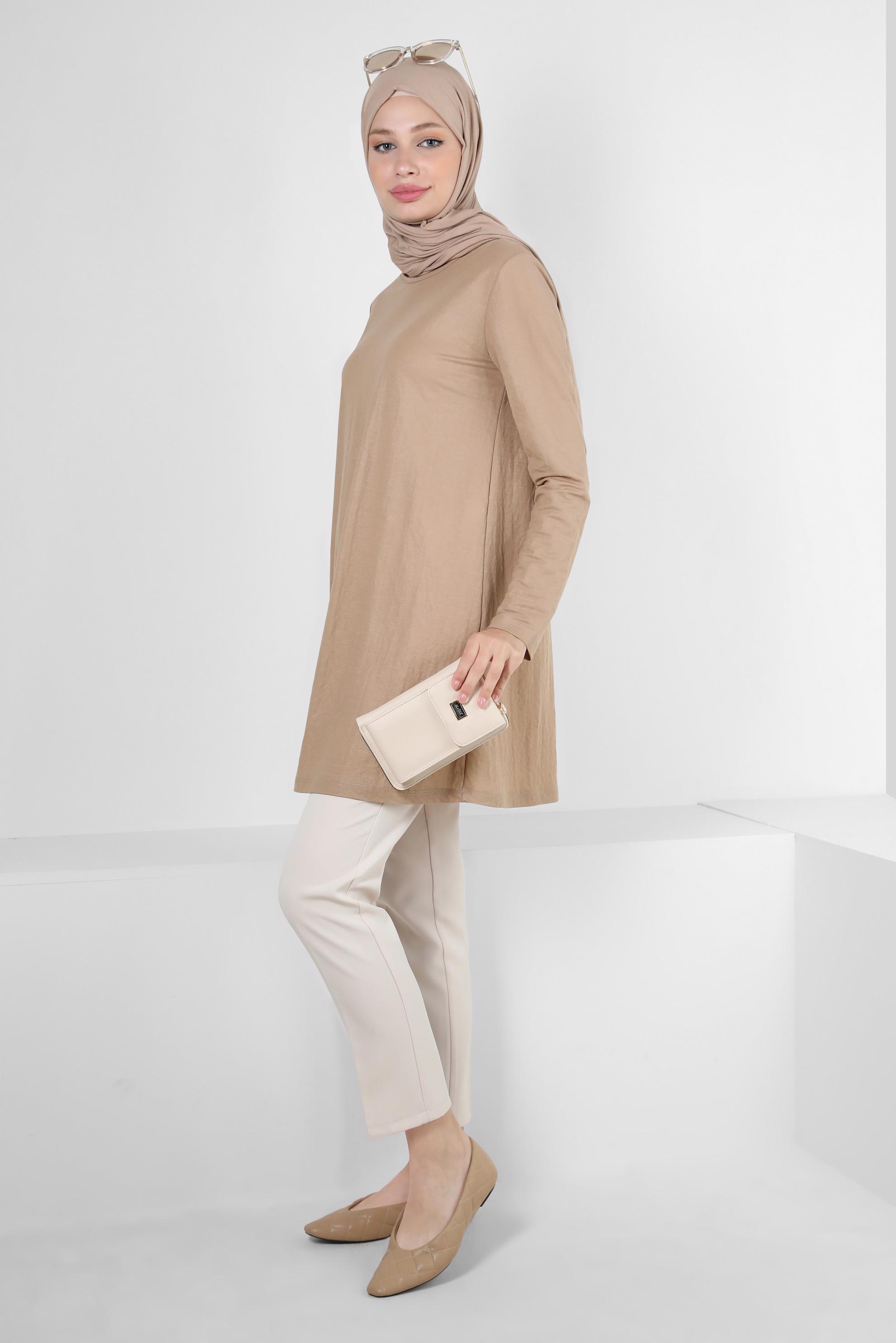 Tesettür giyim KUM BİSİKLET YAKA DÜZ TUNİK 43941