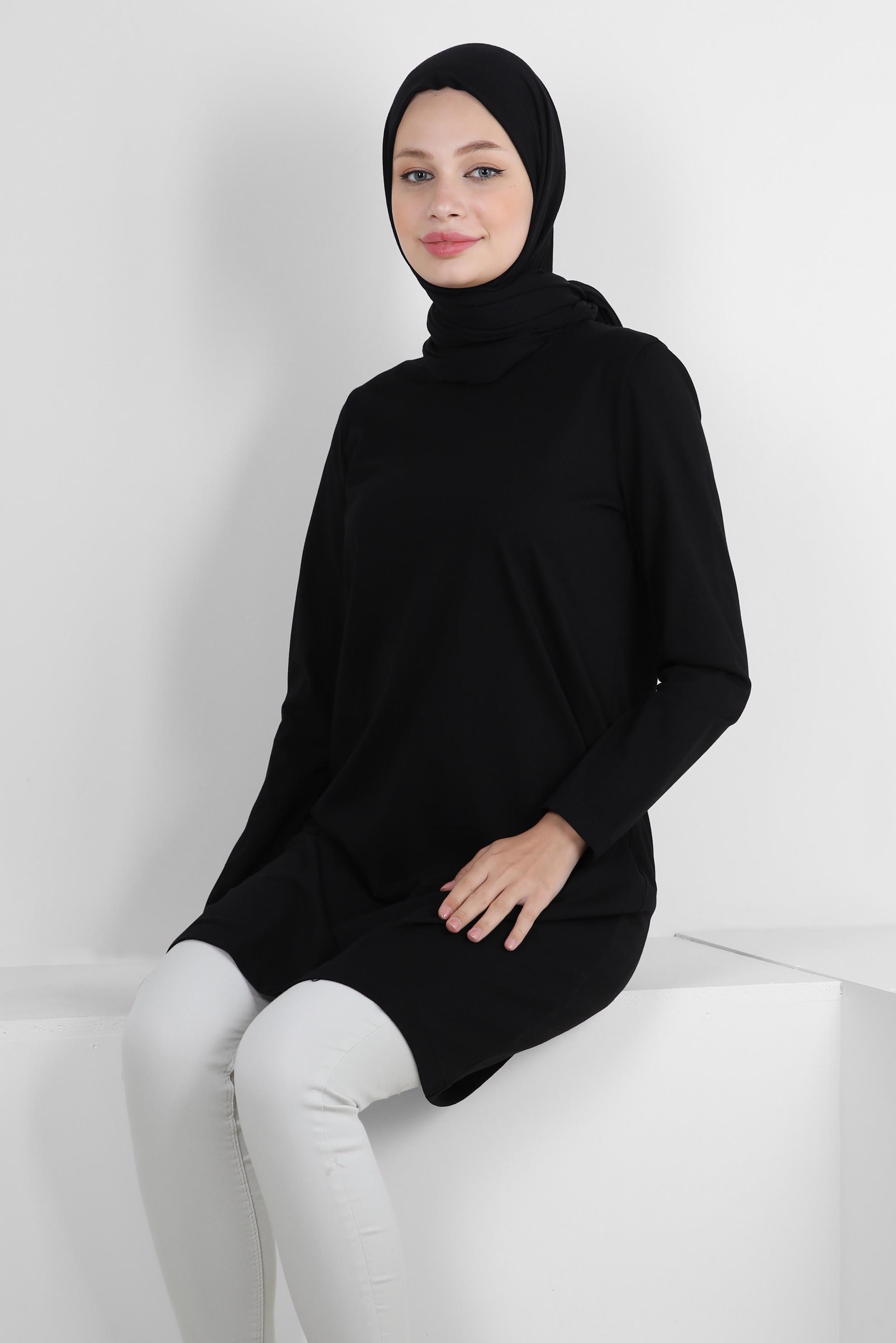 Tesettür giyim SİYAH BİSİKLET YAKA DÜZ TUNİK 43942