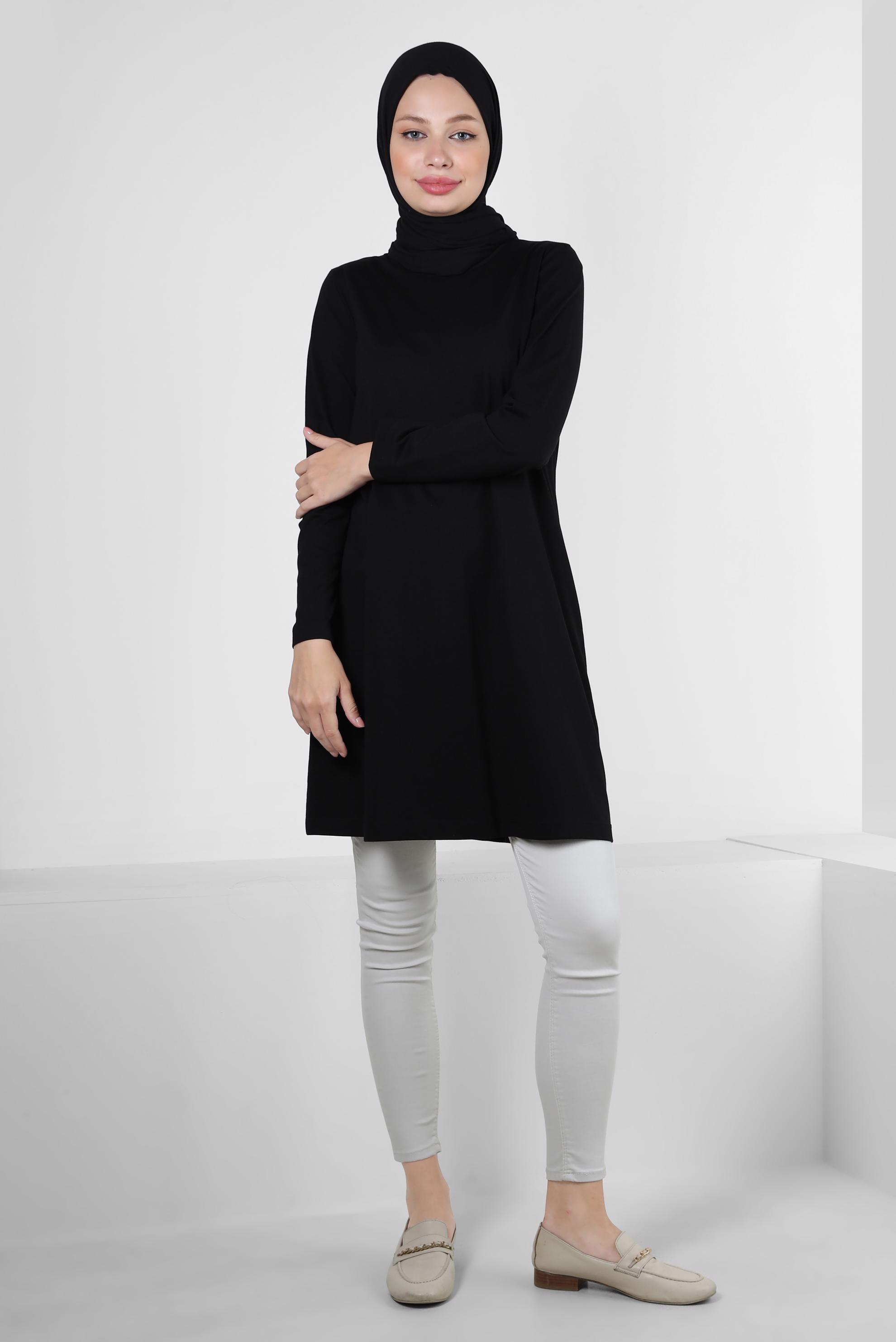 Tesettür giyim SİYAH BİSİKLET YAKA DÜZ TUNİK 43942