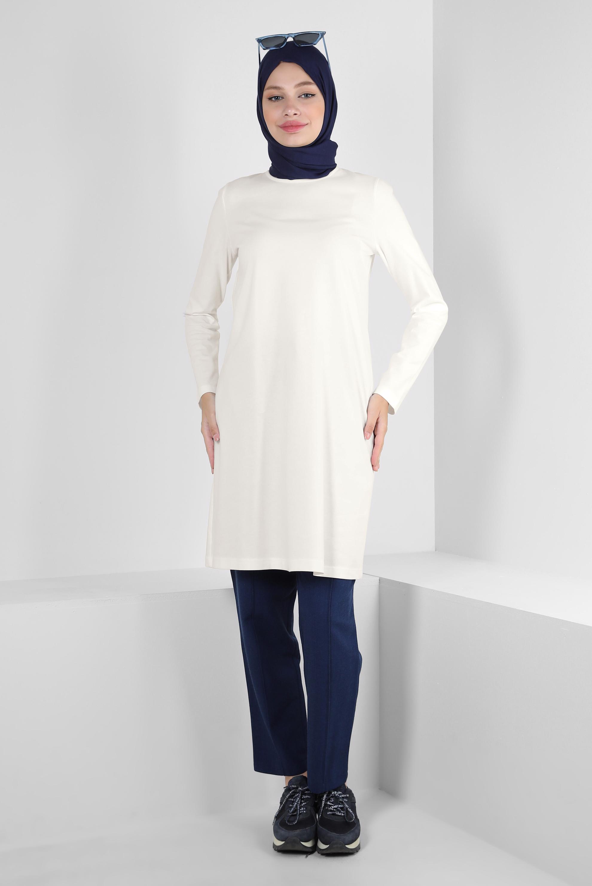 Tesettür giyim BEYAZ BİSİKLET YAKA DÜZ TUNİK 43942