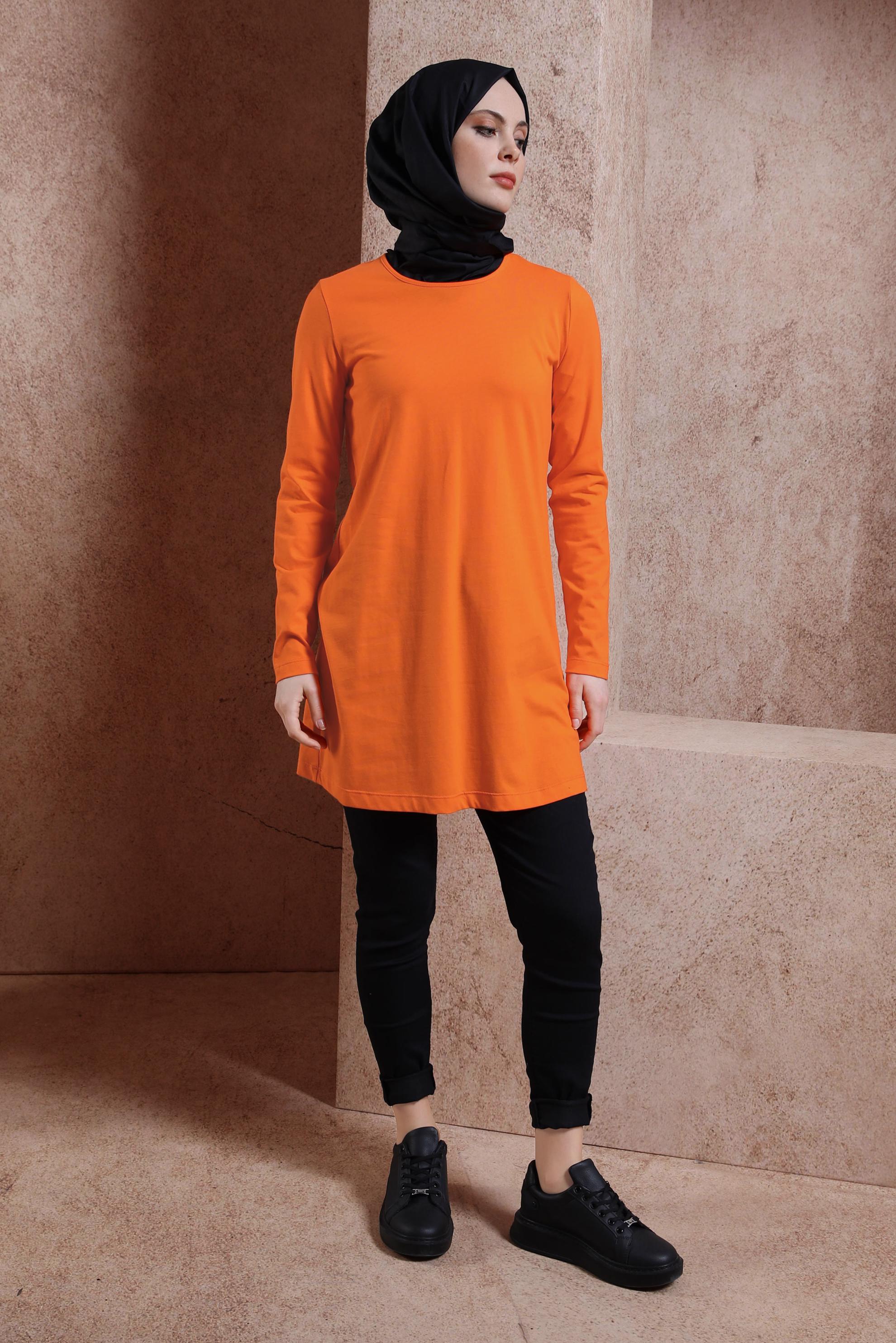 Tesettür giyim TURUNCU BİSİKLET YAKA DÜZ TUNİK 43942