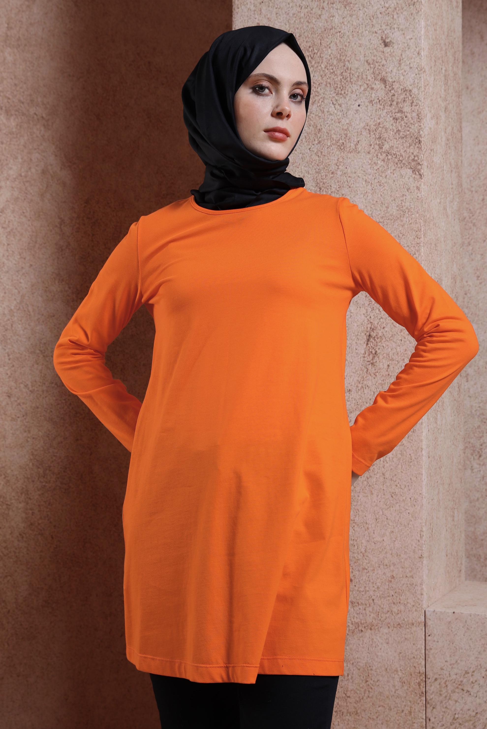 Tesettür giyim TURUNCU BİSİKLET YAKA DÜZ TUNİK 43942