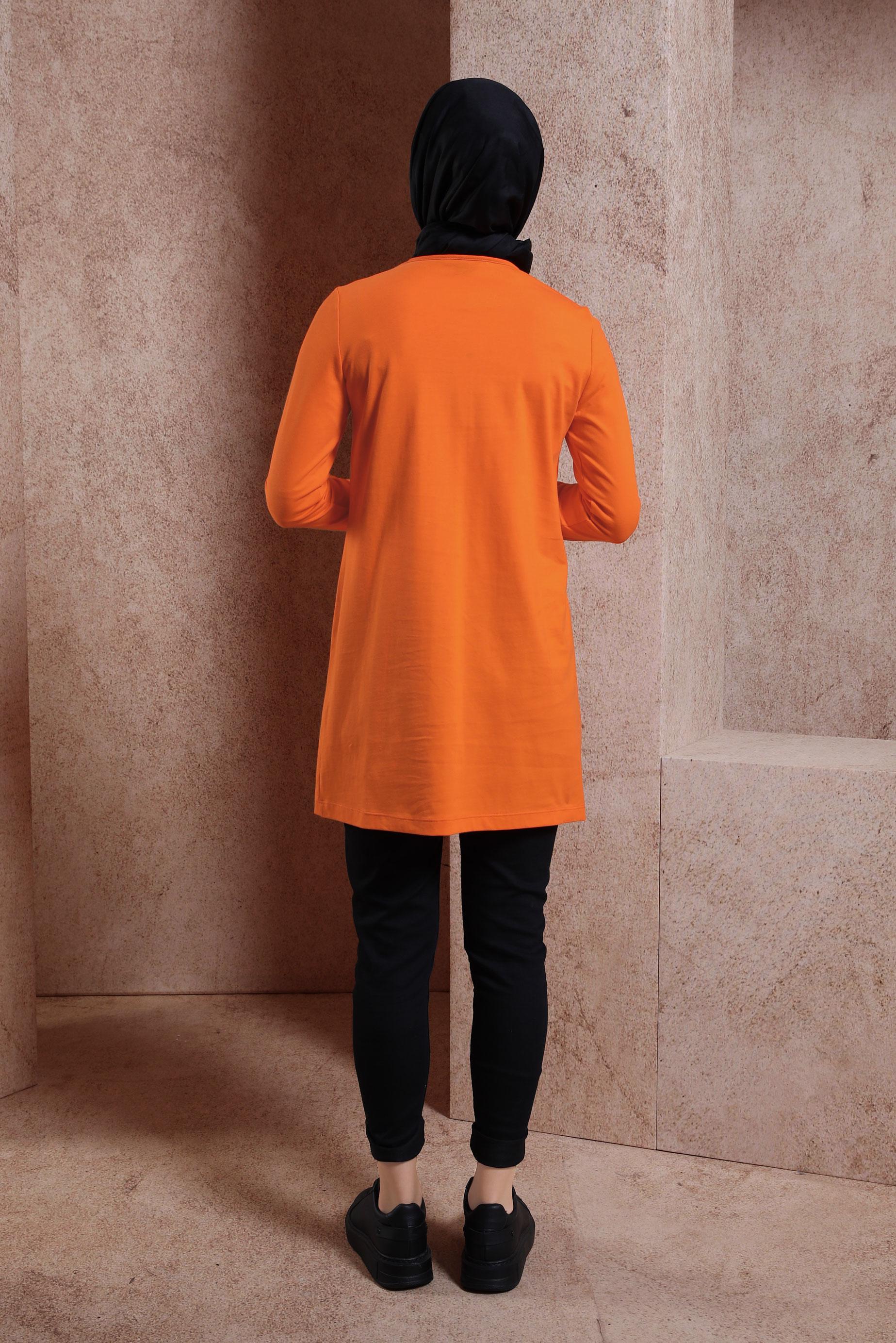 Tesettür giyim TURUNCU BİSİKLET YAKA DÜZ TUNİK 43942