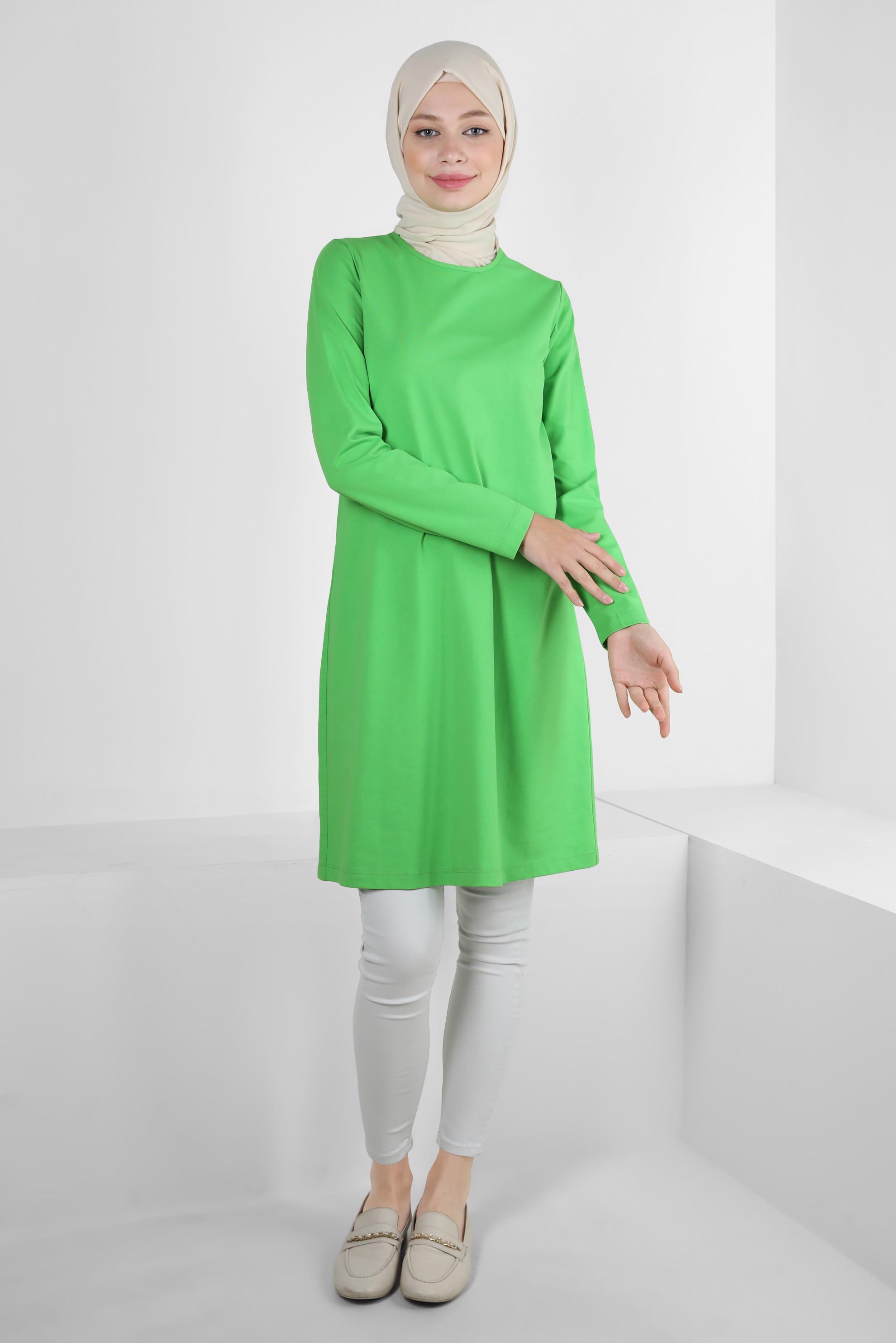 Tesettür giyim YEŞİL BİSİKLET YAKA DÜZ TUNİK 43942