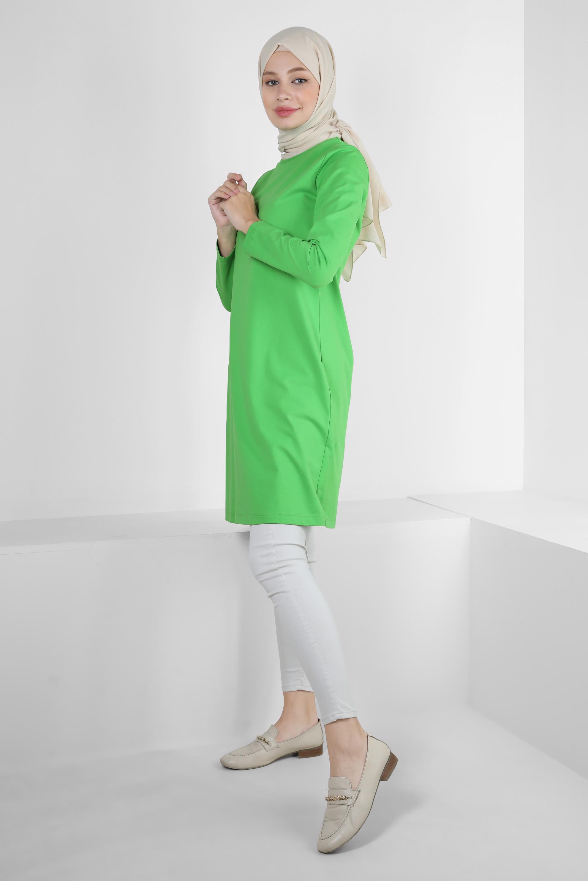 Tesettür giyim YEŞİL BİSİKLET YAKA DÜZ TUNİK 43942