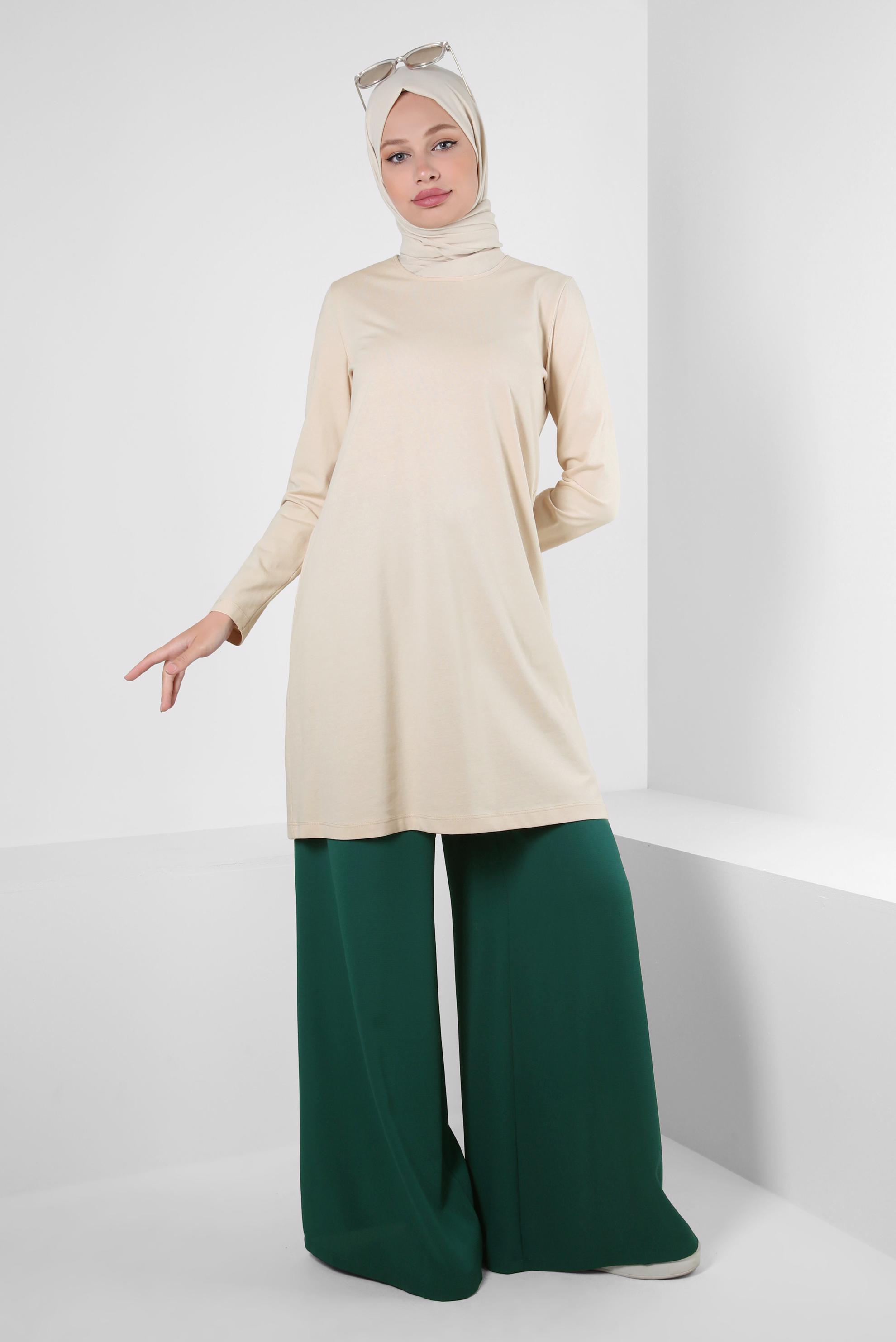 Tesettür giyim BEJ BİSİKLET YAKA DÜZ TUNİK 43942